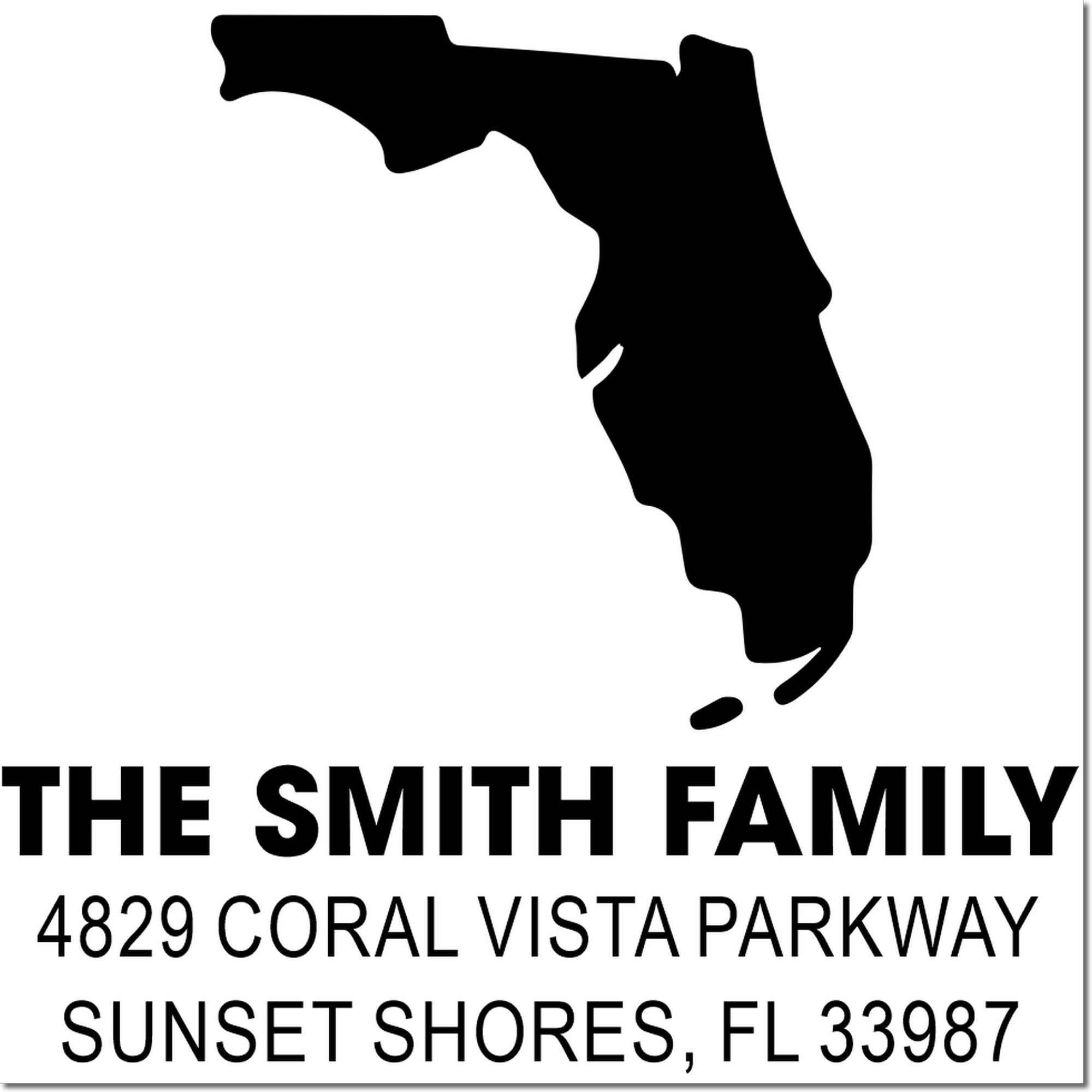 Florida-shaped custom rubber return address stamp for The Smith Family, 4829 Coral Vista Parkway, Sunset Shores, FL 33987.