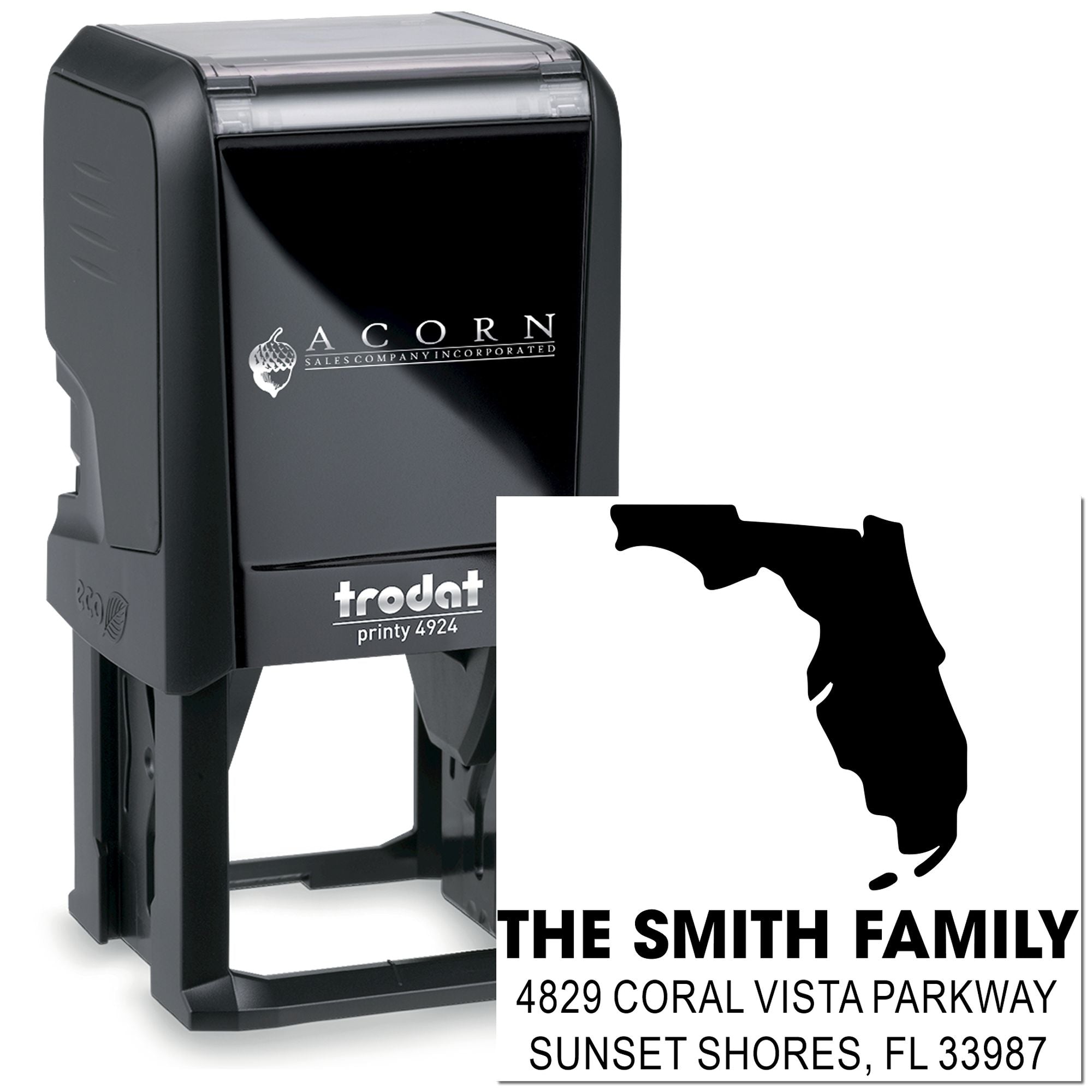 Custom self-inking rubber address stamp for The Smith Family, with Florida silhouette and return address design.