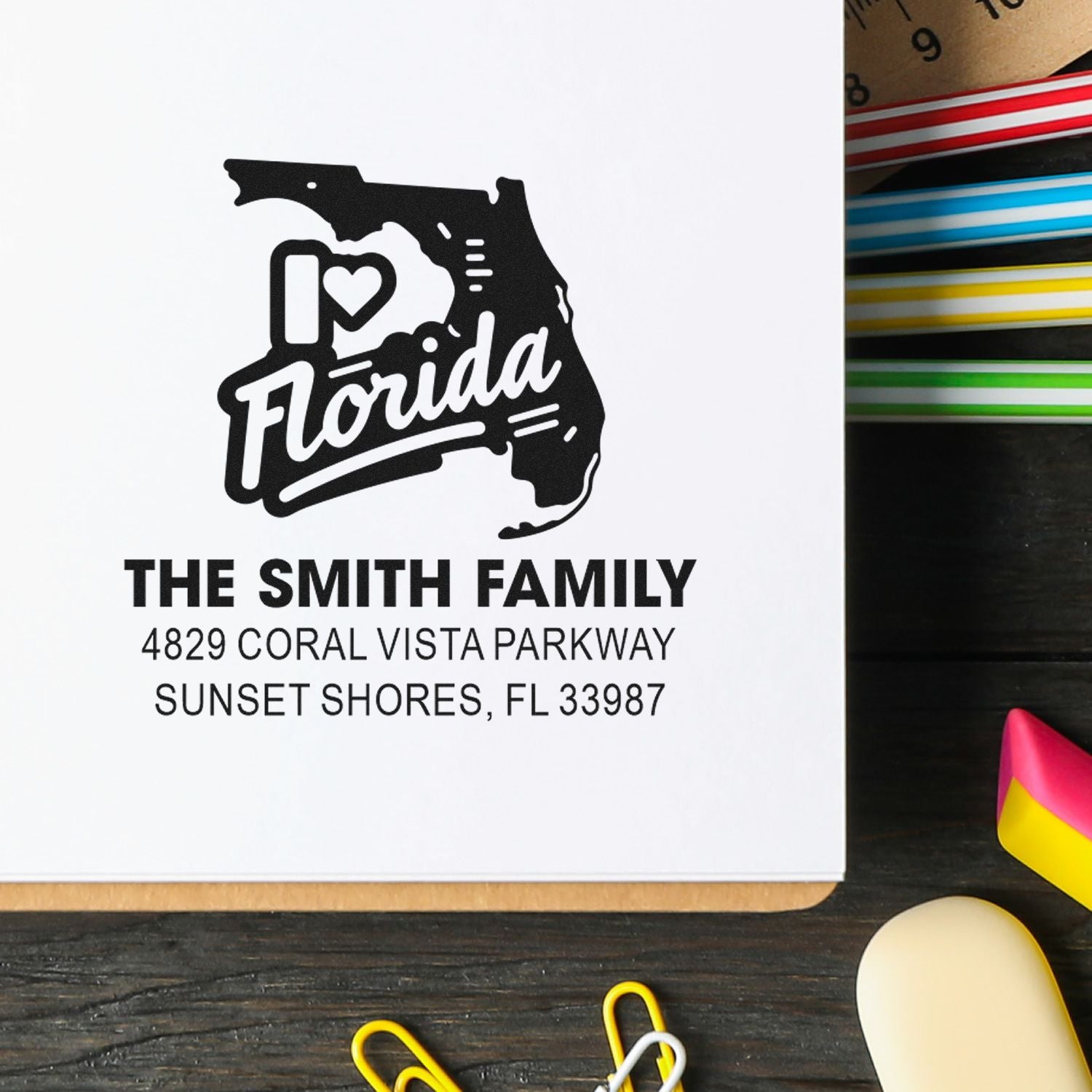 Custom Florida family return address rubber stamp with state outline, I Love Florida design, and personalized address details.