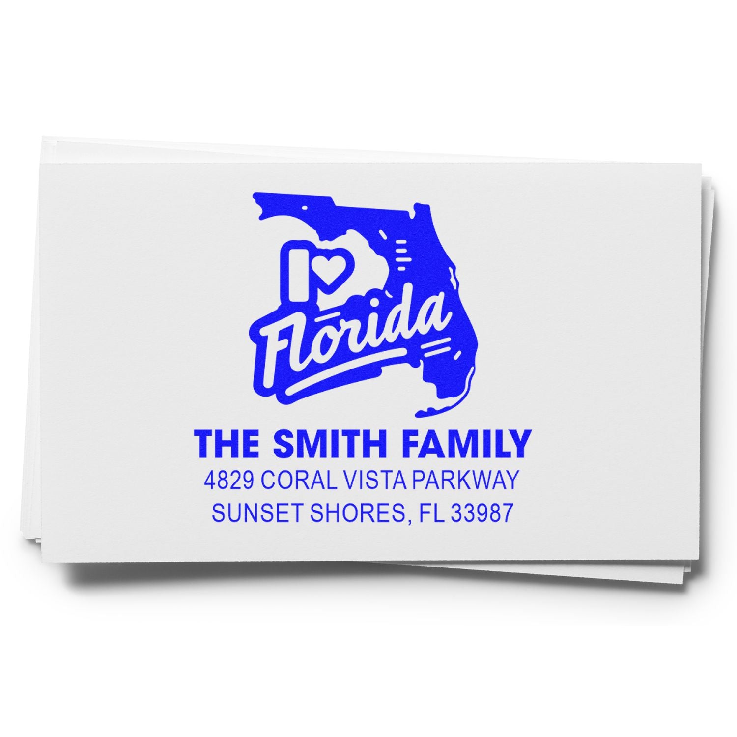 Custom Florida return address rubber stamp with I Heart Florida design for personalized family envelopes.
