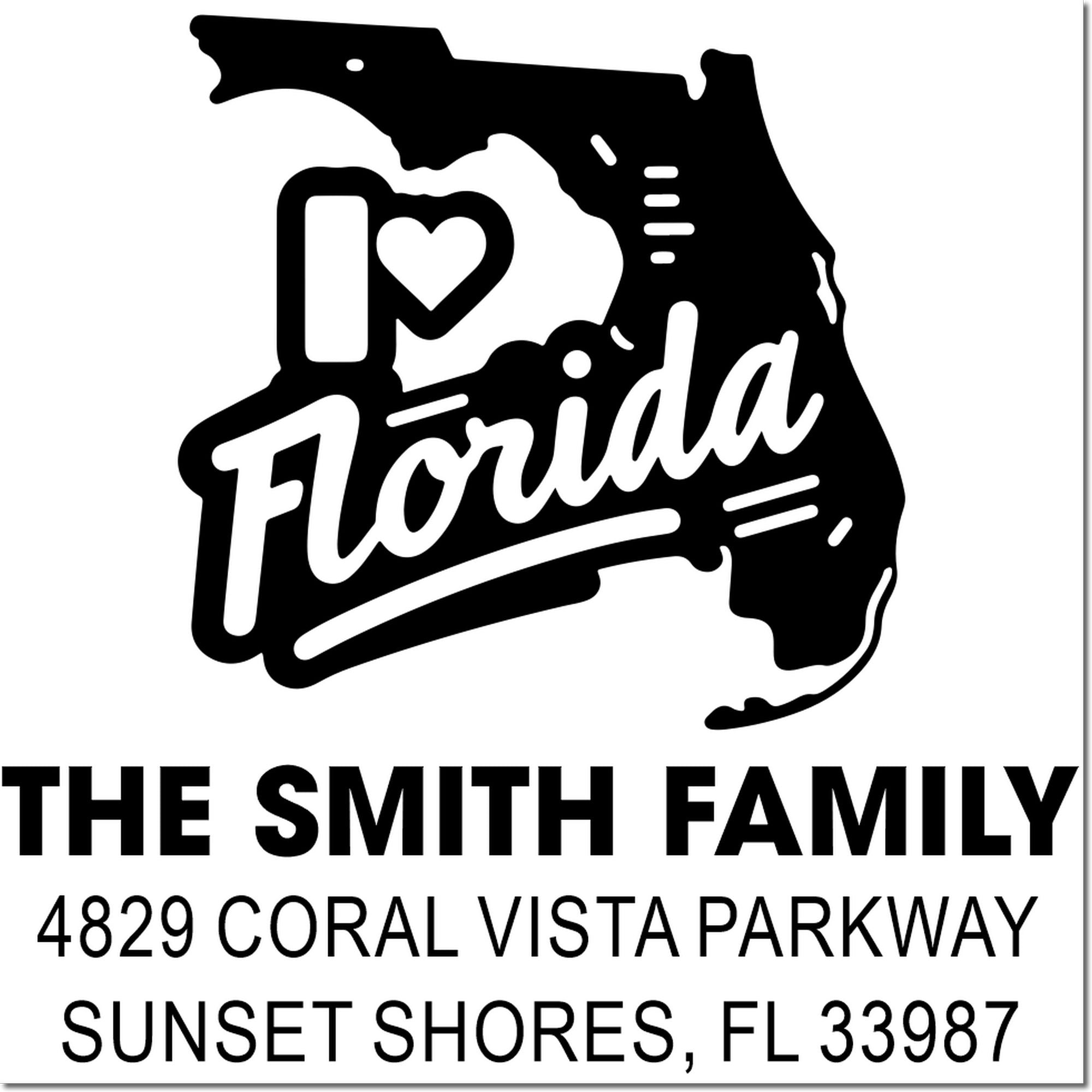 Custom Florida return address rubber stamp with I Love Florida, The Smith Family, and Sunset Shores, FL 33987.