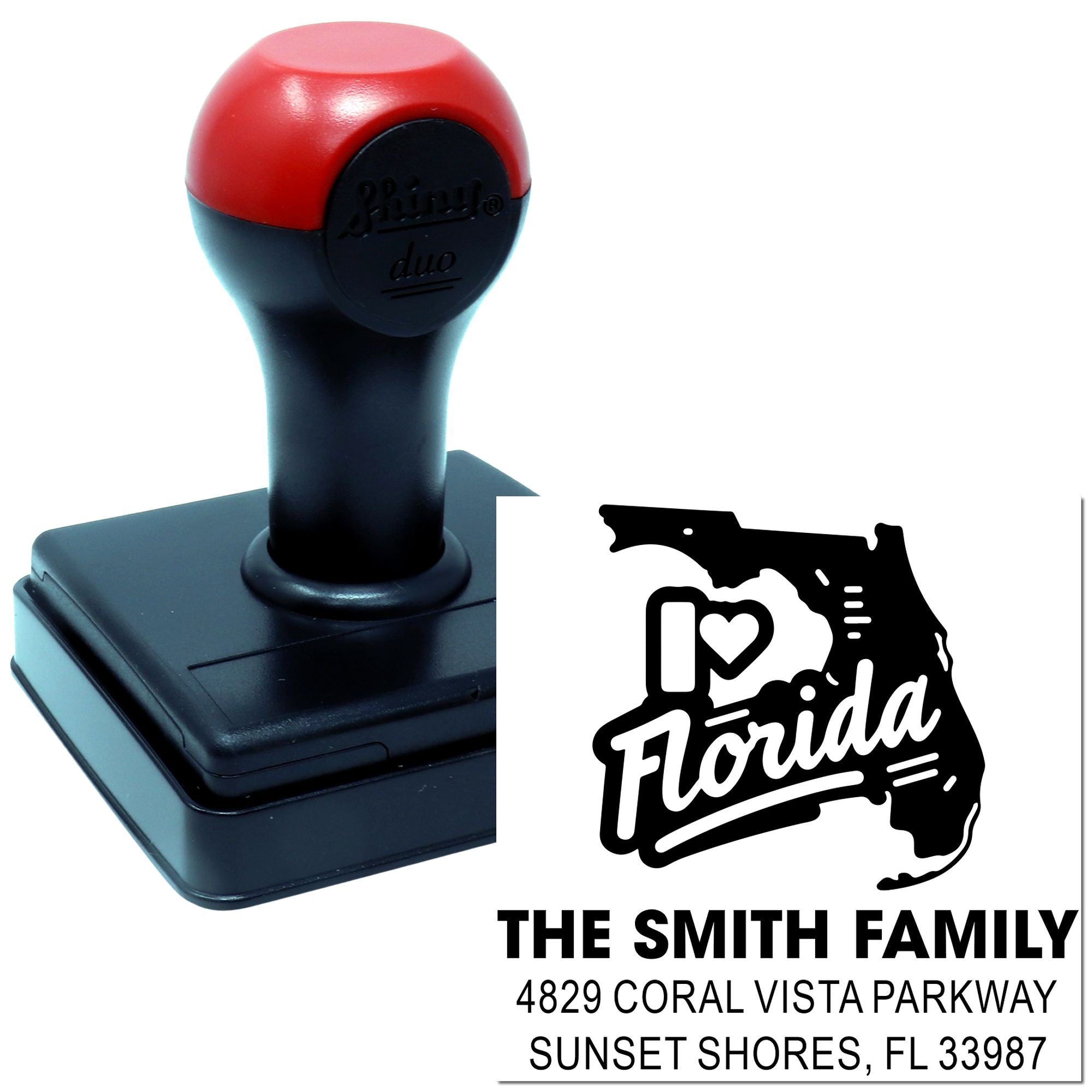 Custom Florida address self-inking rubber stamp for The Smith Family, featuring Coral Vista Parkway return address.