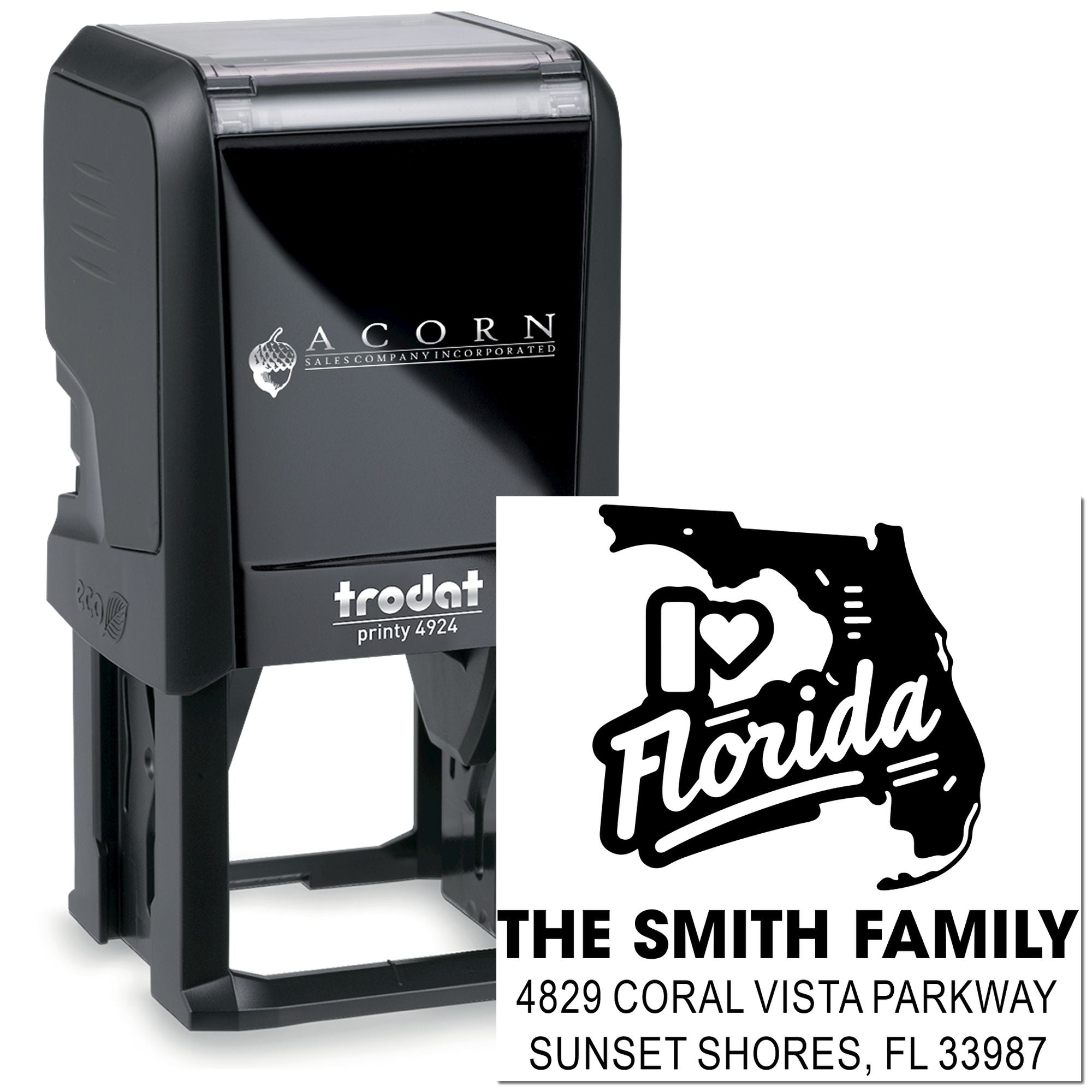 Custom Florida address rubber stamp, self-inking Trodat Printy 4924, featuring The Smith Family return address design.