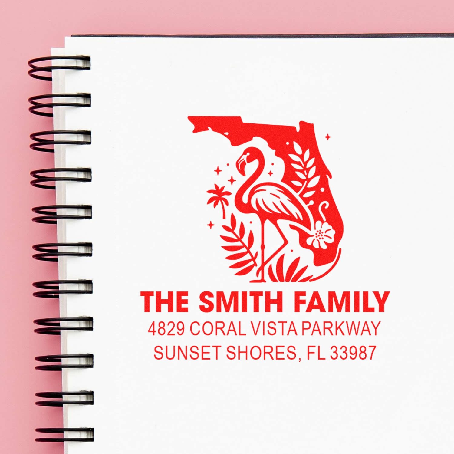 Custom flamingo address rubber stamp for The Smith Family, 4829 Coral Vista Parkway, Sunset Shores, FL 33987