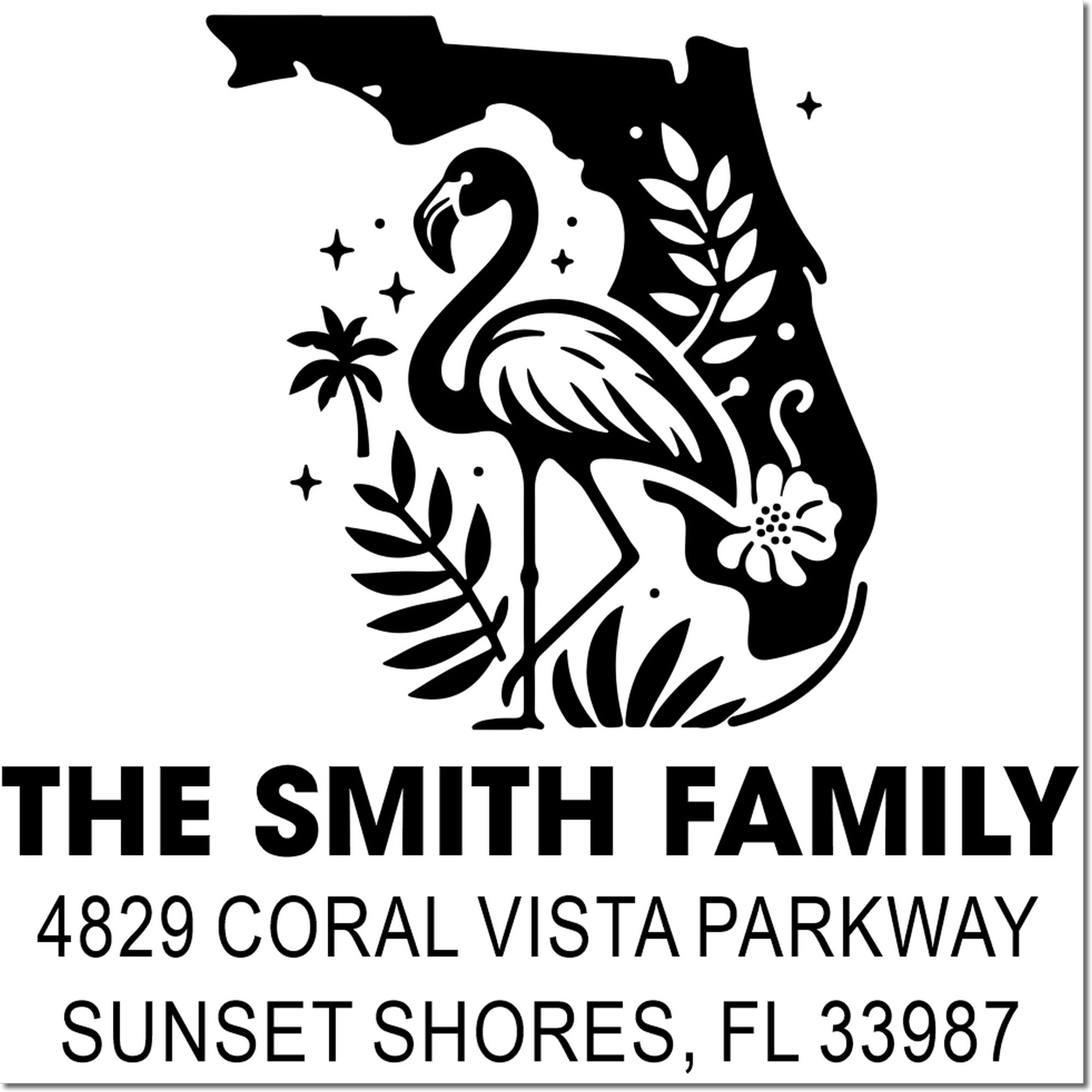 Custom Florida return address rubber stamp with flamingo design for The Smith Family, 4829 Coral Vista Parkway.