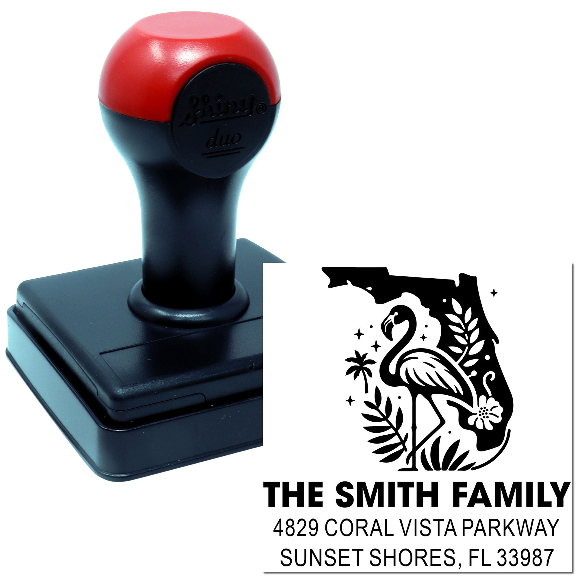 Custom self-inking rubber address stamp with Florida flamingo design for The Smith Family.