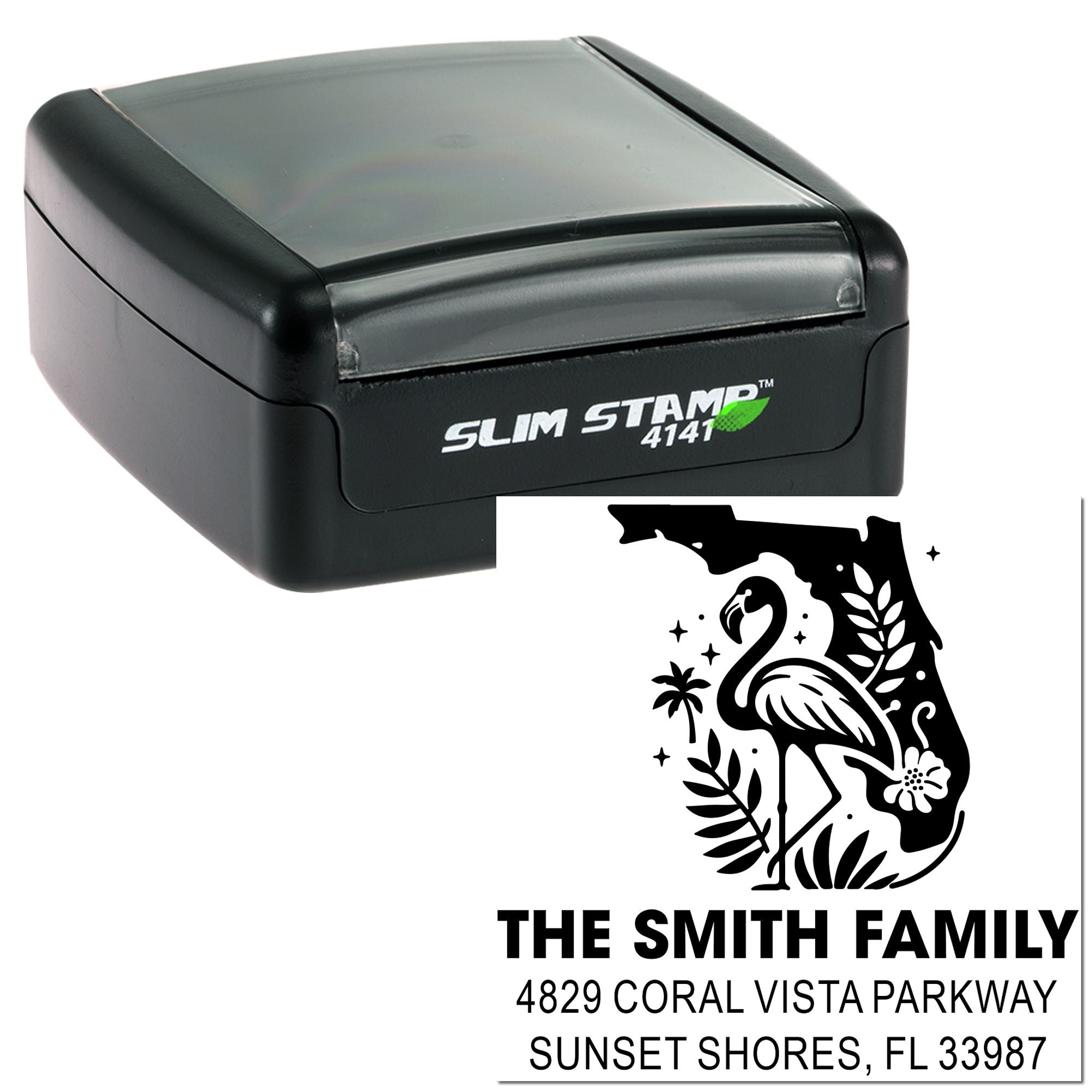 Custom slim self-inking rubber stamp with Florida flamingo return address design for family mail and envelopes.