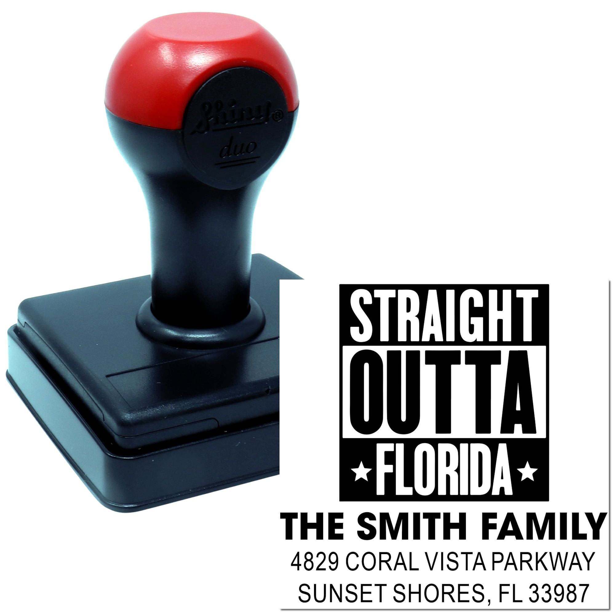 Custom self-inking rubber stamp with Straight Outta Florida family return address design.
