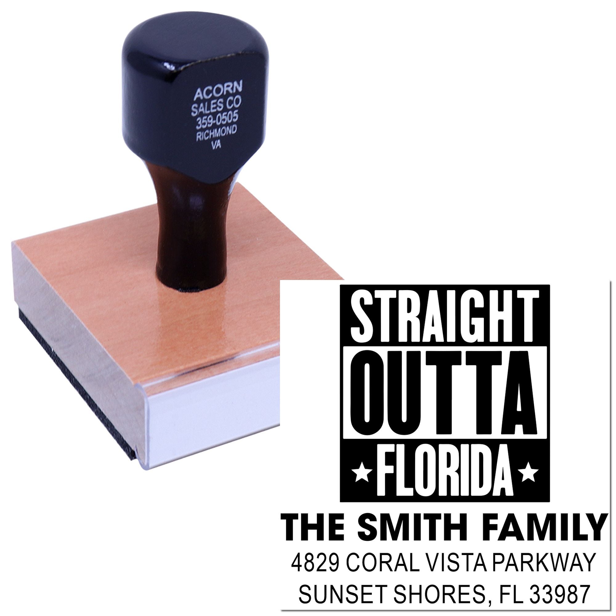 Personalized rubber stamp for The Smith Family with Straight Outta Florida address design