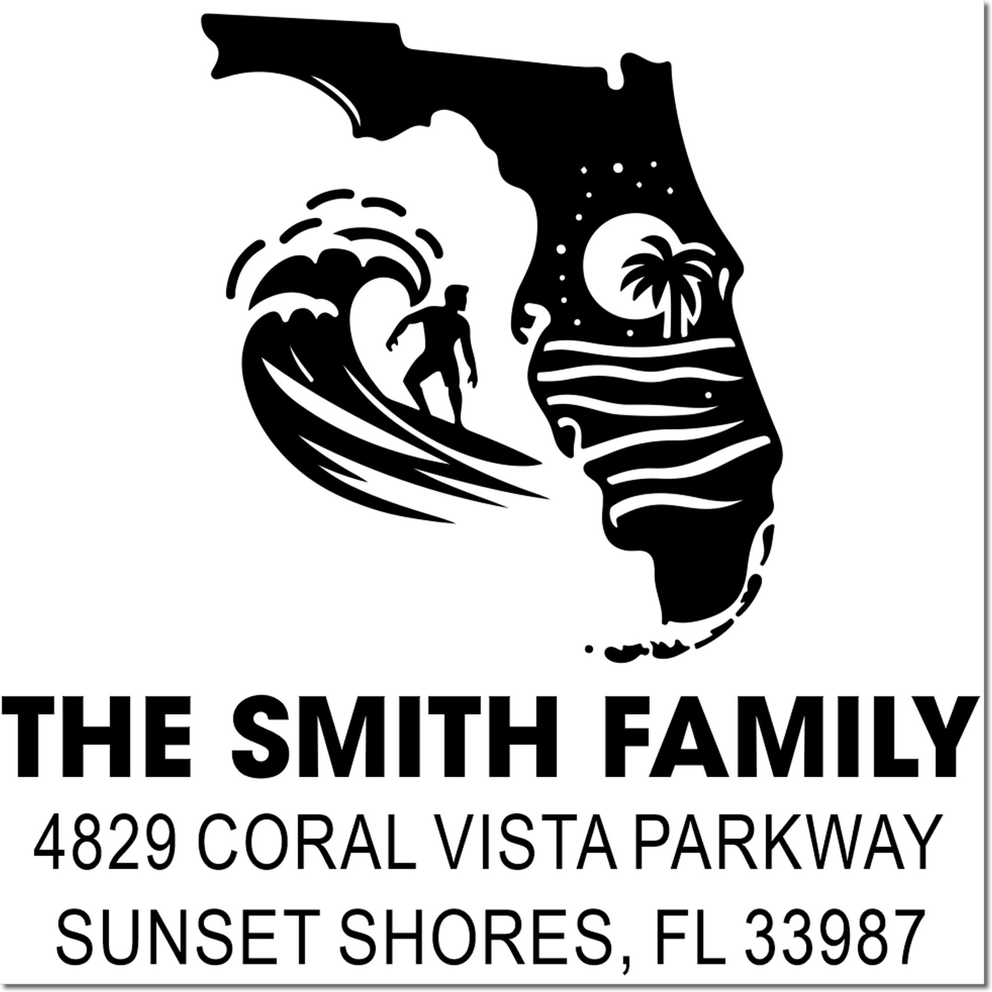Custom return address rubber stamp for The Smith Family, featuring a Florida beach surfer design and Sunset Shores address