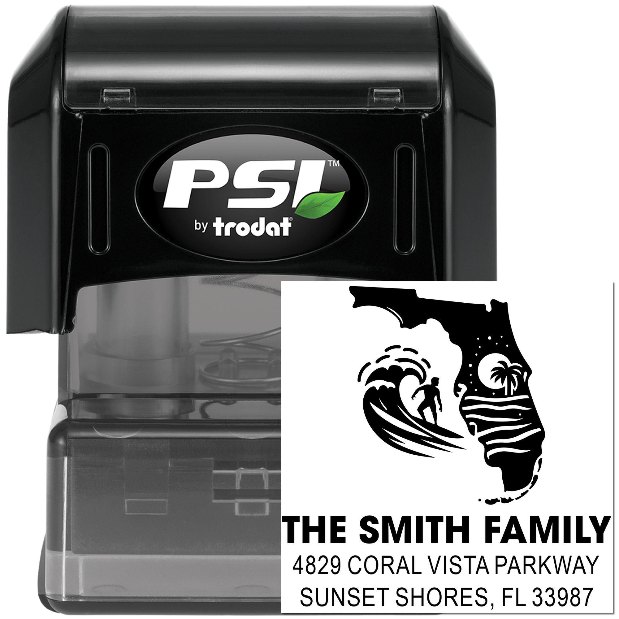 PSI by Trodat self-inking return address rubber stamp with custom Florida surfer family design