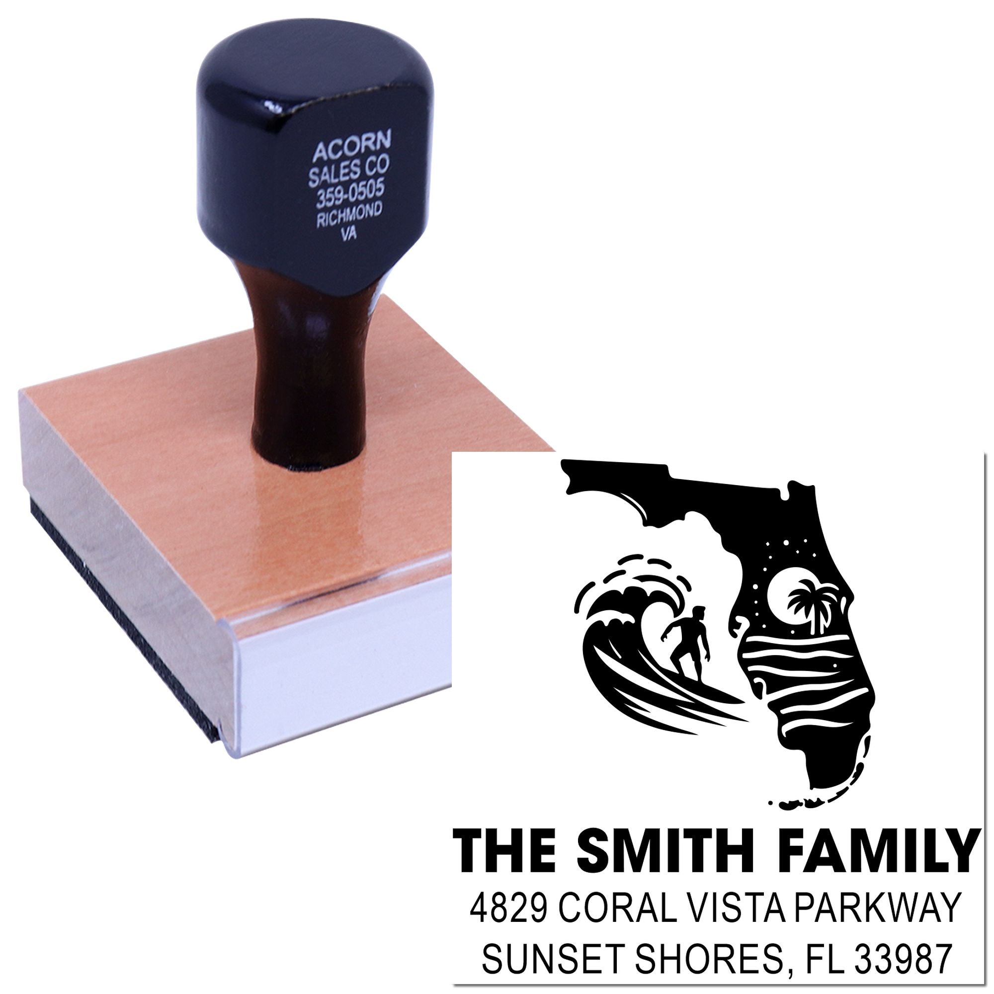 Custom family address rubber stamp with Florida beach design for personalized mailing and return addresses.