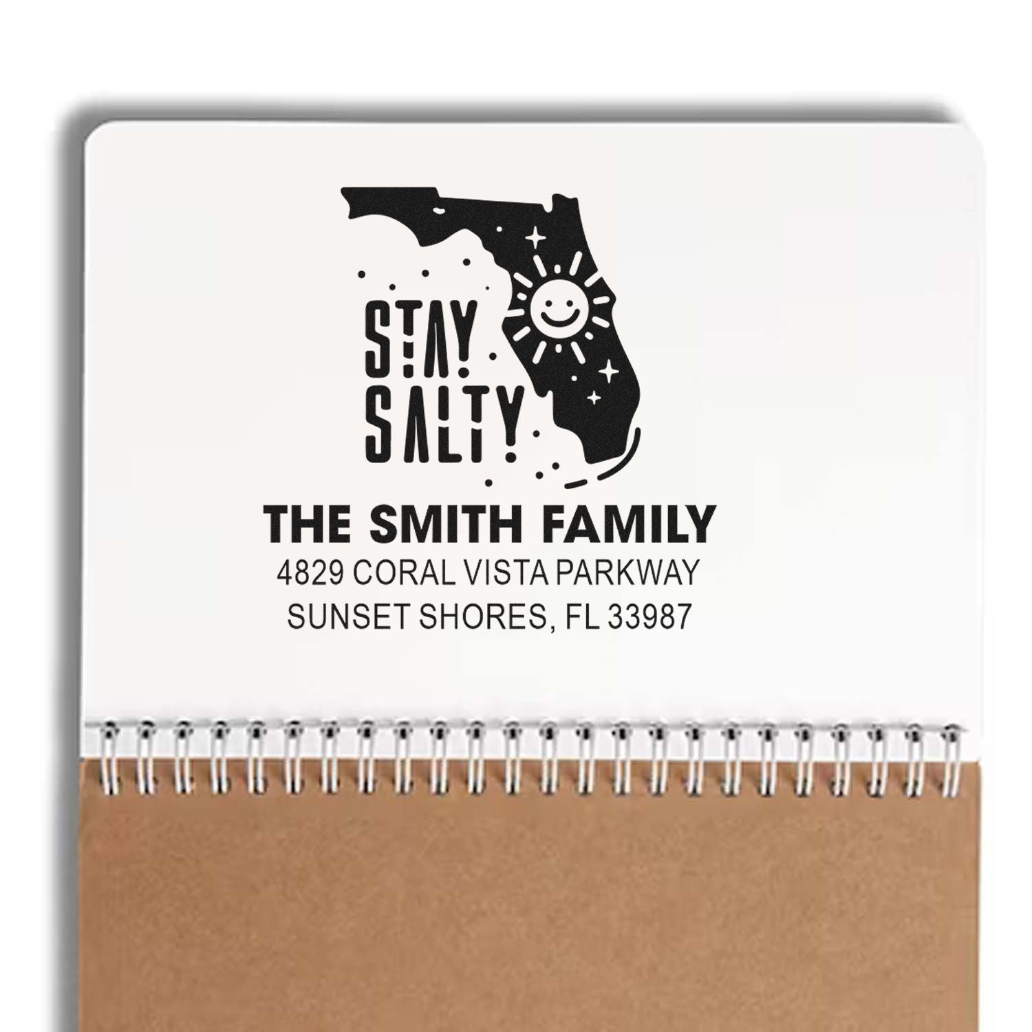 Custom Florida return address rubber stamp with Stay Salty design for The Smith Family in Sunset Shores, FL.