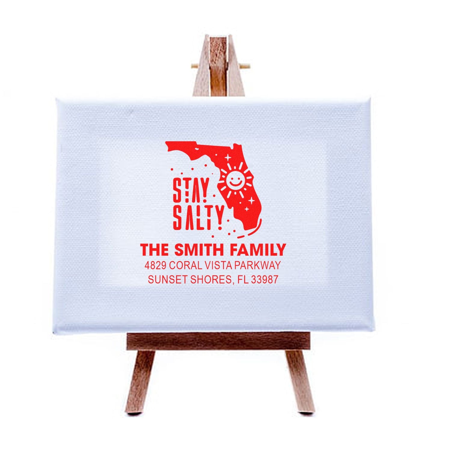 Custom Florida return address rubber stamp for The Smith Family, featuring Stay Salty! design for personalized mail.