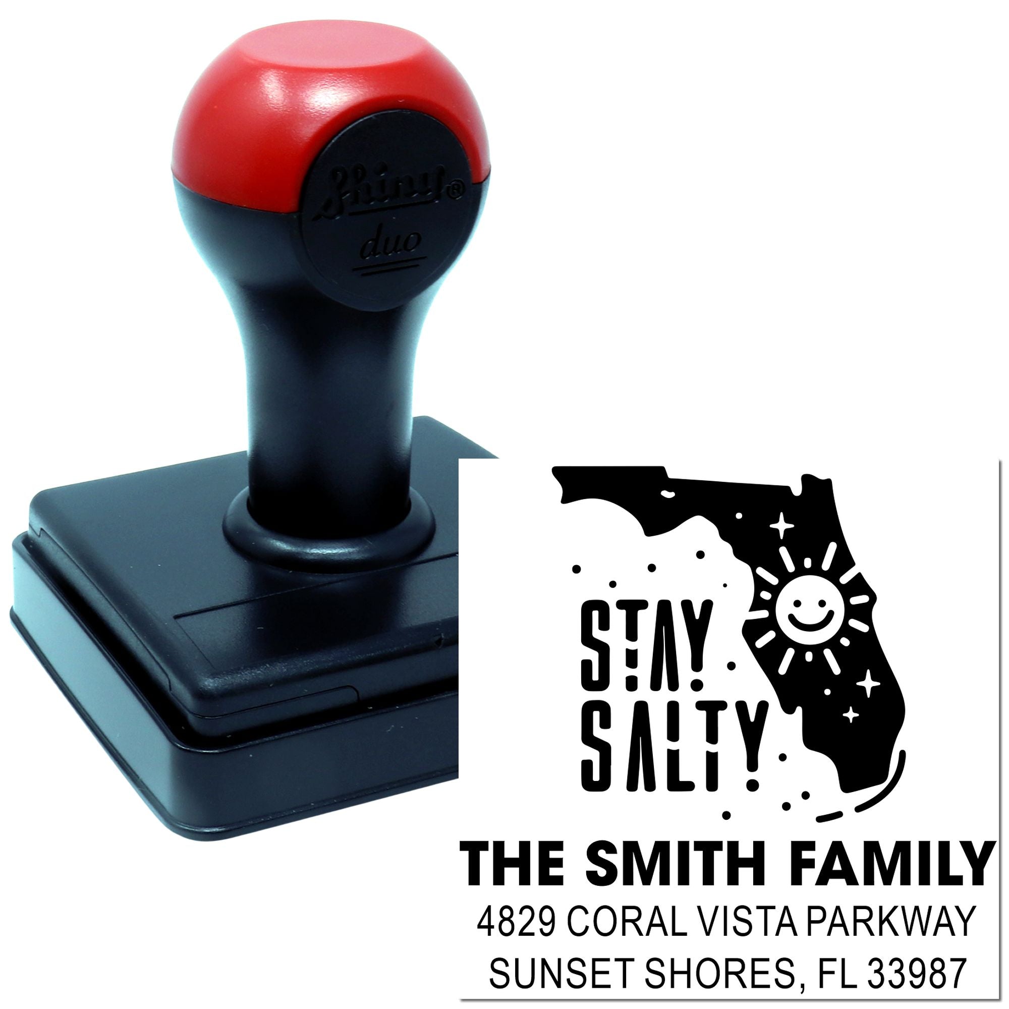 Custom self-inking rubber stamp featuring Florida Stay Salty return address design for The Smith Family.