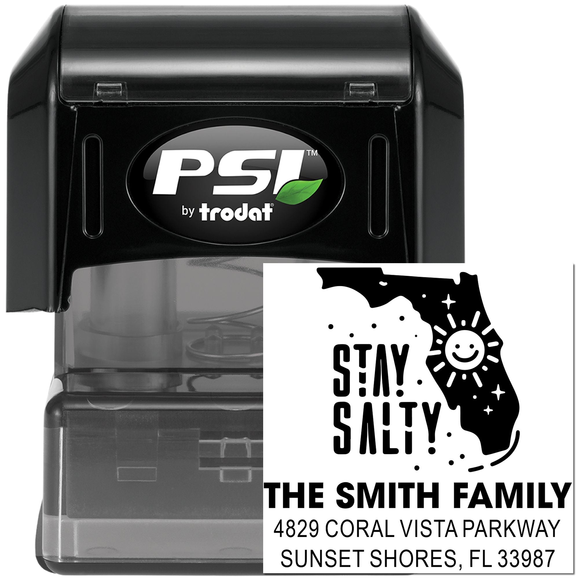 Custom self-inking rubber stamp by PSI Trodat featuring a Stay Salty Florida family return address design.