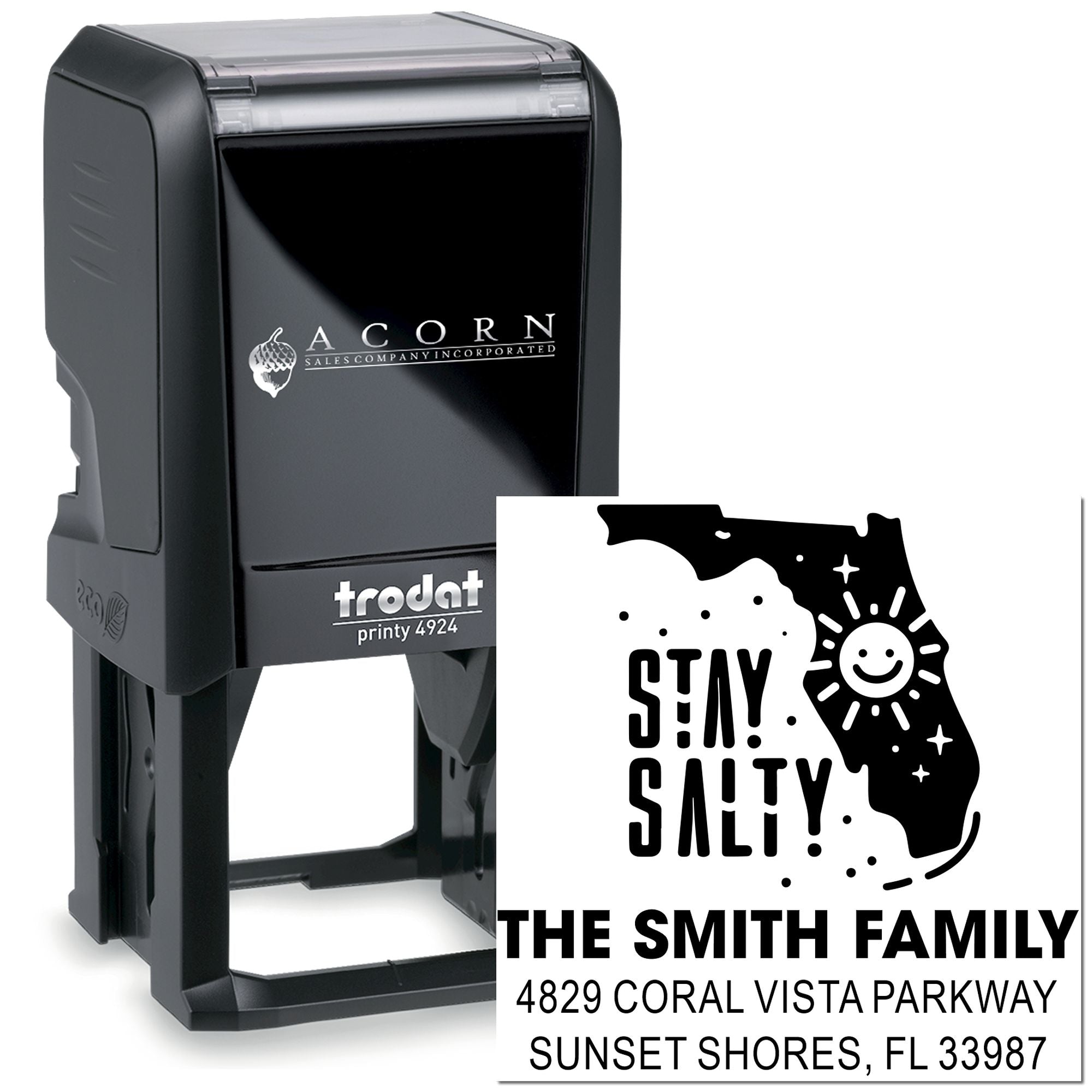 Custom self-inking rubber stamp with Florida map design and return address for The Smith Family
