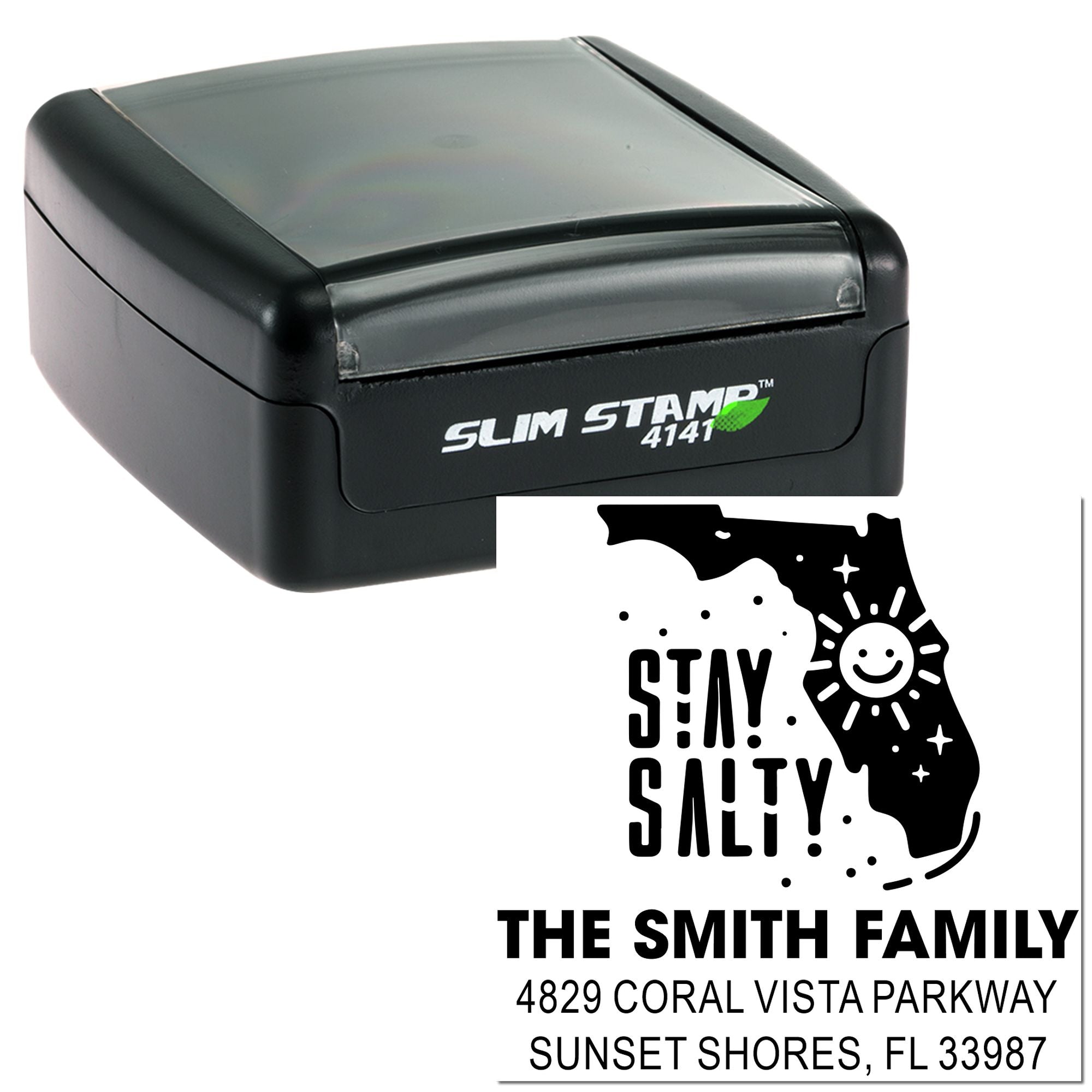 Personalized self-inking rubber stamp with Florida Stay Salty design and custom family address imprint, Slim Stamp 4141.