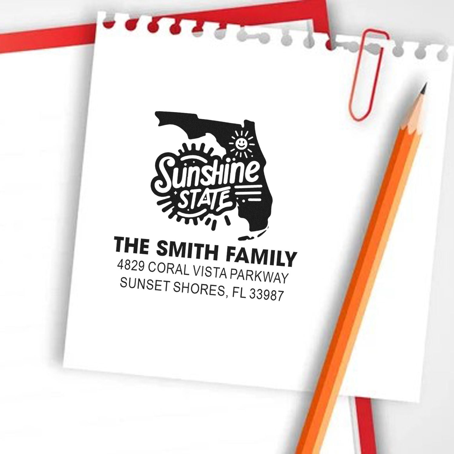 Custom return address rubber stamp for The Smith Family with Florida Sunshine State design.