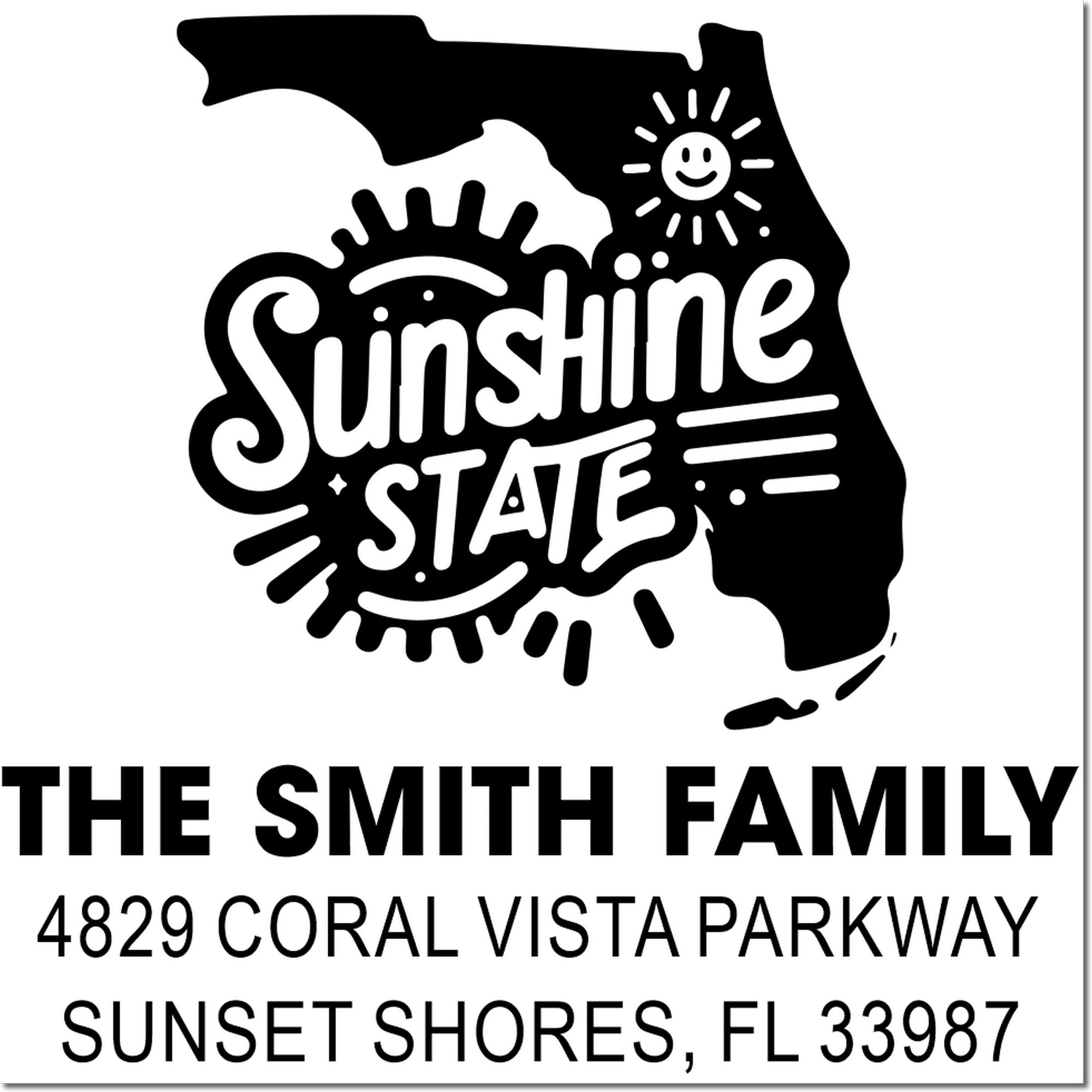 Custom Florida Sunshine State rubber stamp for The Smith Family, with address in Sunset Shores, FL 33987.
