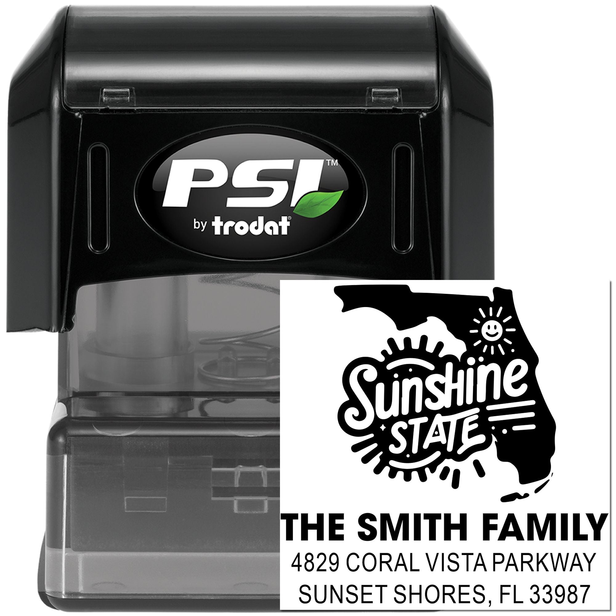 PSI by Trodat custom Florida self-inking return address rubber stamp with Sunshine State design for The Smith Family