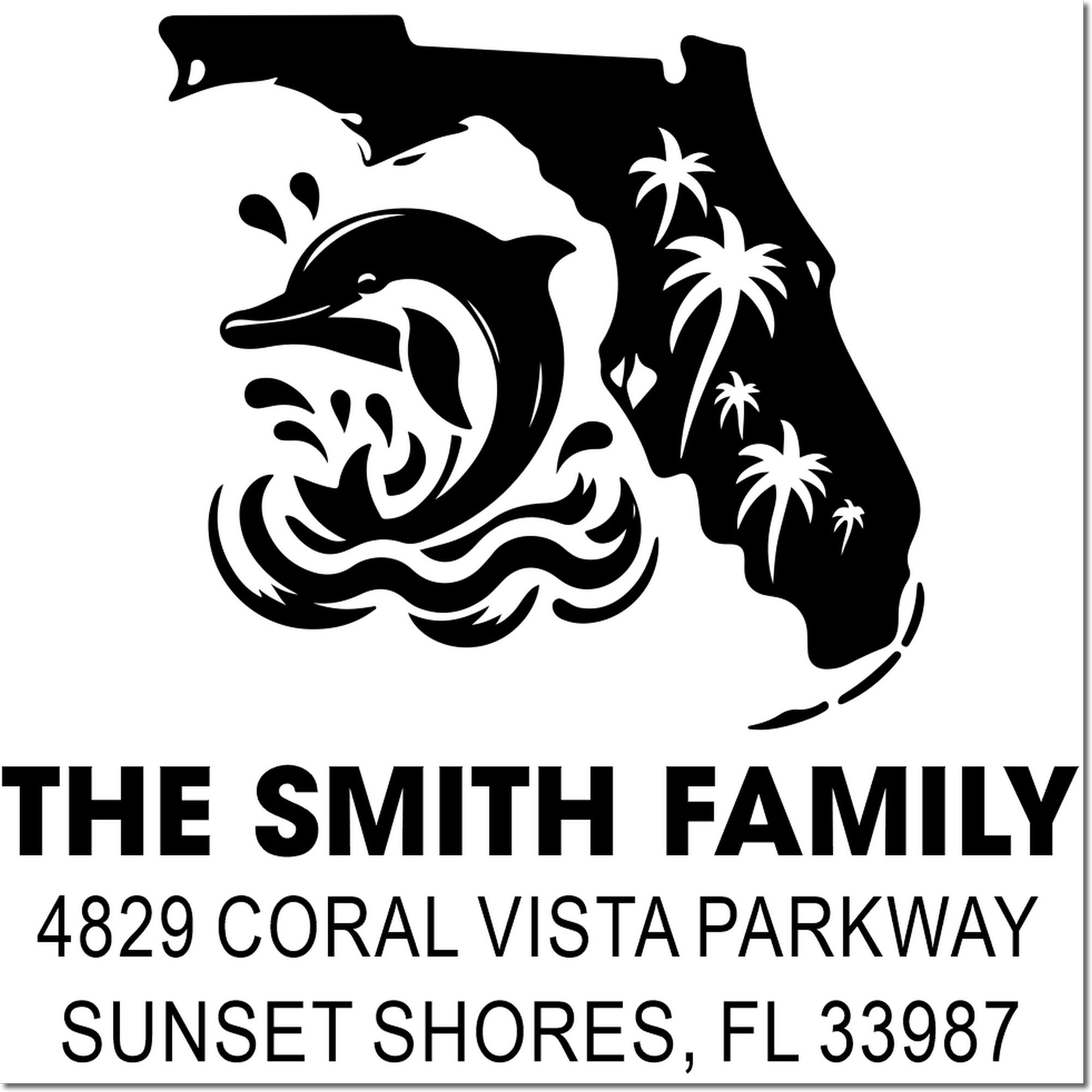 Custom rubber address stamp with Florida dolphin design for The Smith Family, 4829 Coral Vista Pkwy, Sunset Shores, FL 33987