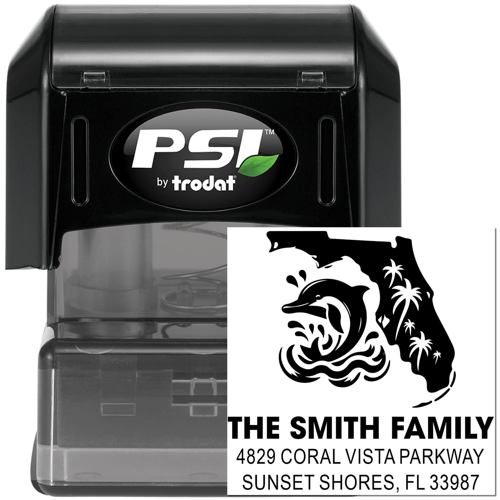 Custom Florida family address rubber stamp by PSI Trodat with dolphin design for personalized mailing