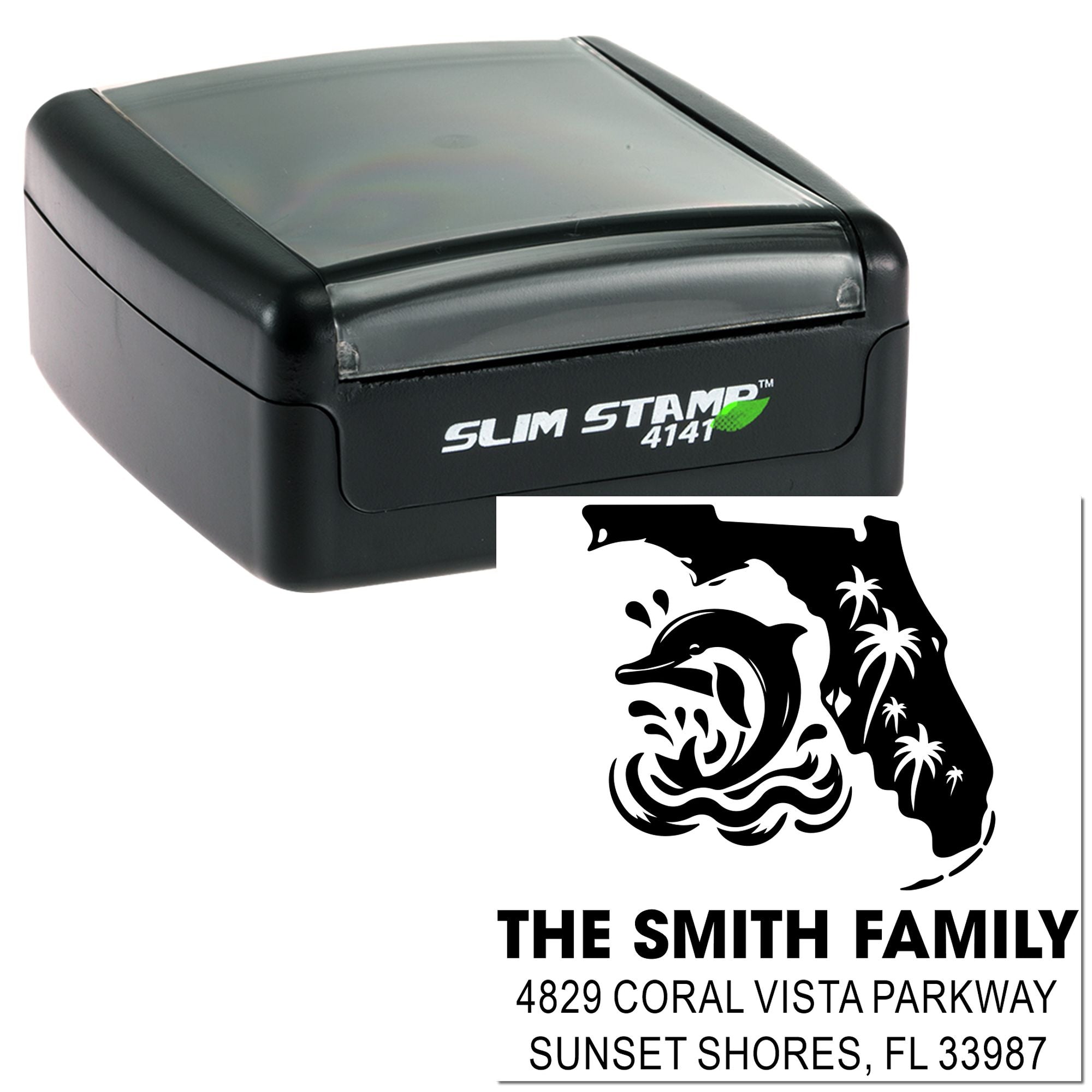 Custom self-inking rubber stamp with dolphin Florida design for The Smith Family return address labels.