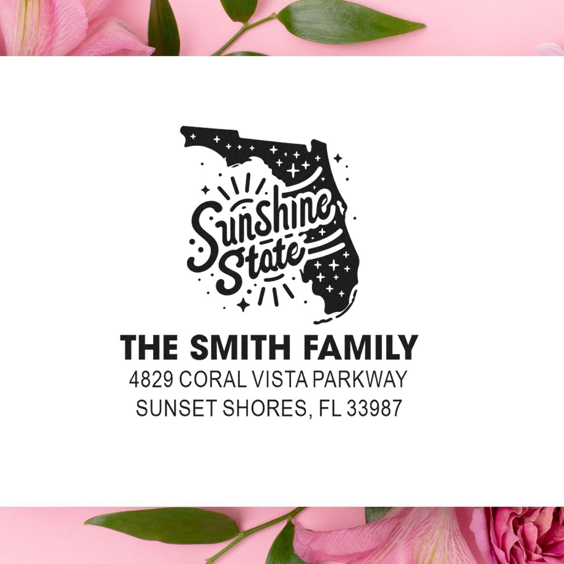 Personalized Florida Sunshine State return address rubber stamp for The Smith Family, Sunset Shores, FL