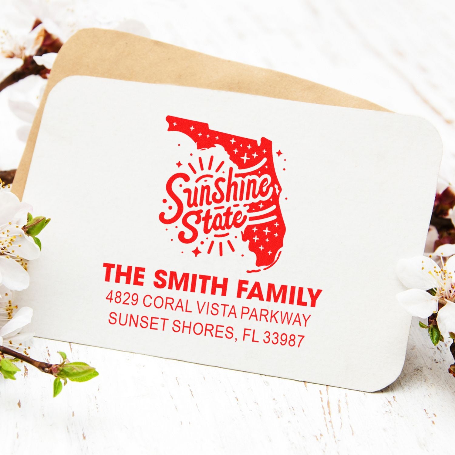 Personalized return address rubber stamp with Florida Sunshine State design for The Smith Family.