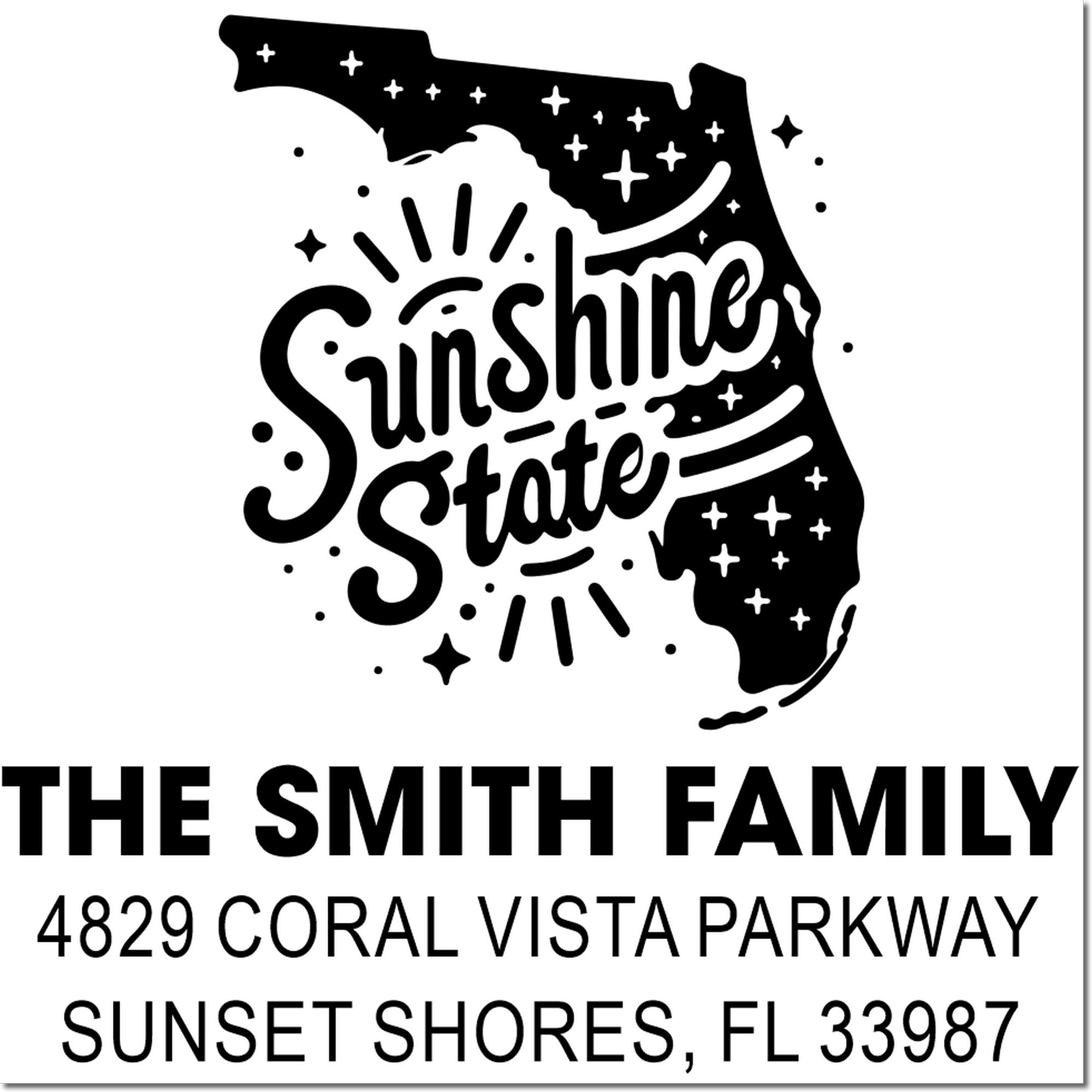 Florida Sunshine State custom return address rubber stamp for The Smith Family, 4829 Coral Vista Parkway, Sunset Shores, FL 33987.