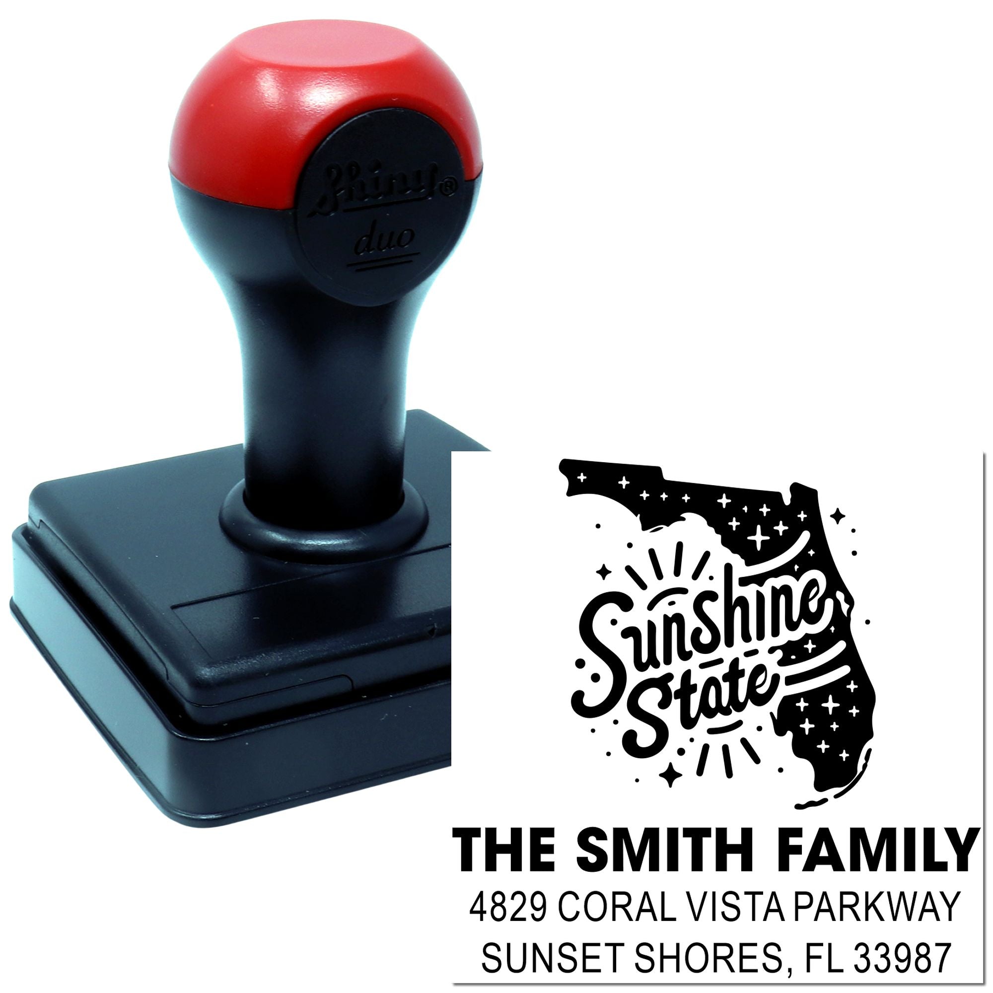 Custom self-inking rubber stamp for Florida return address labels, featuring Sunshine State design and The Smith Family address imprint.