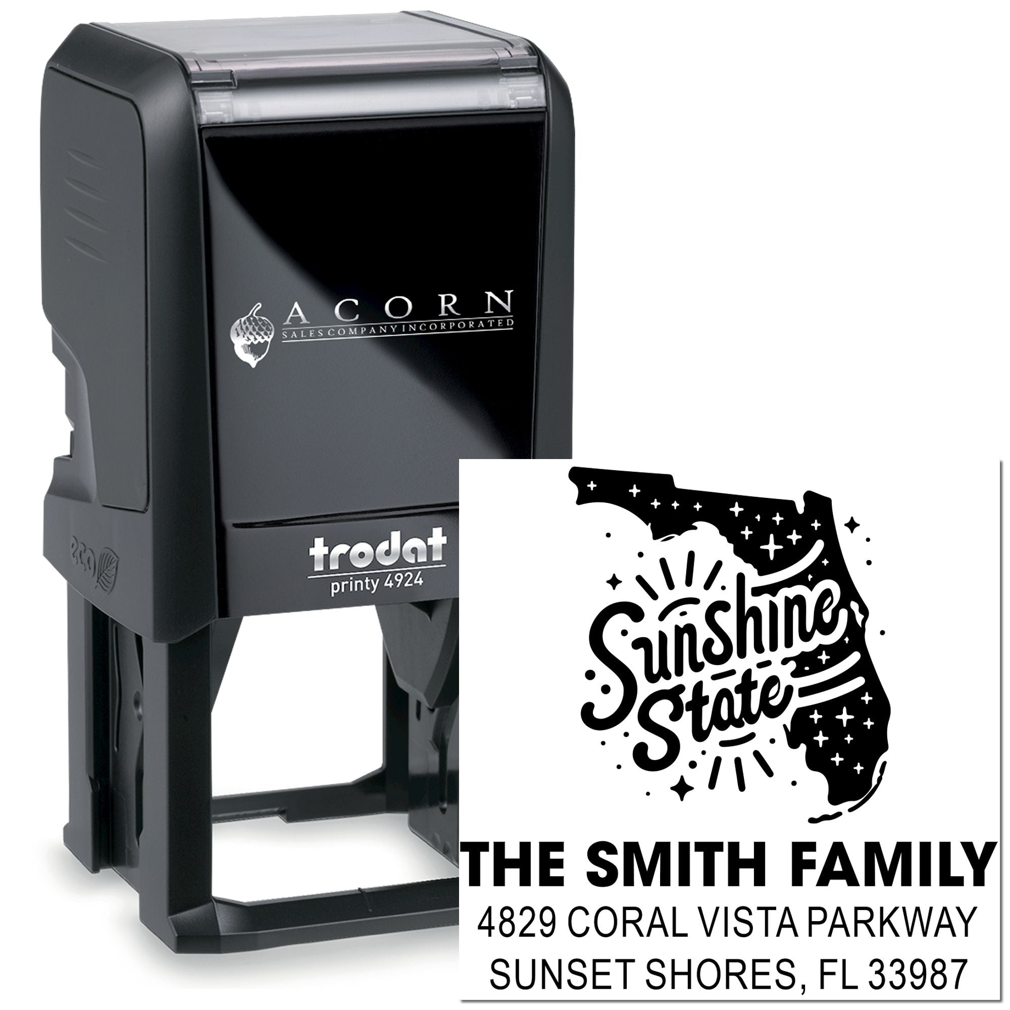 Custom self-inking rubber stamp with Florida Sunshine State design and The Smith Family address for mailing and personal use.