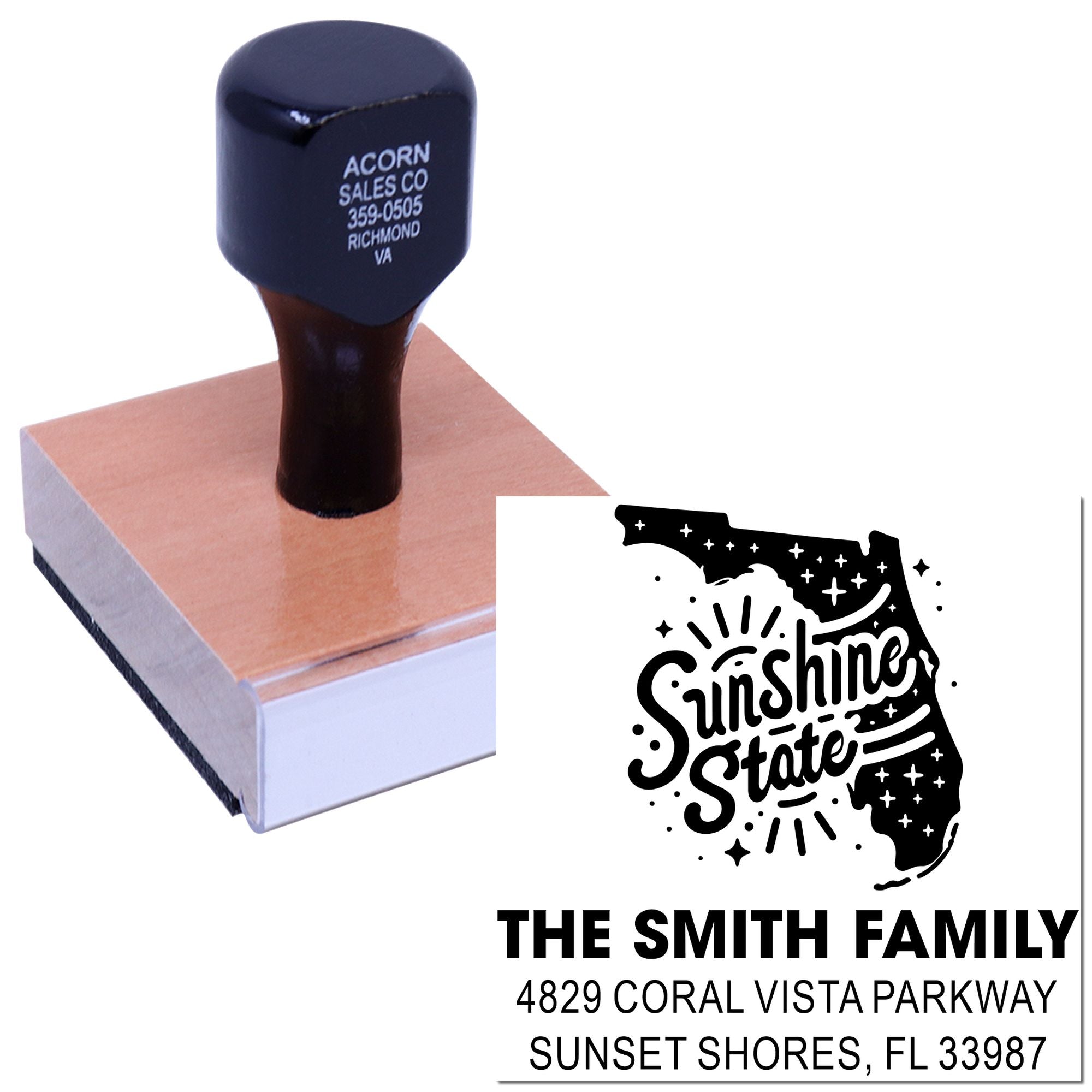 Custom self-inking rubber stamp with Florida Sunshine State address design for personalized family return addresses.