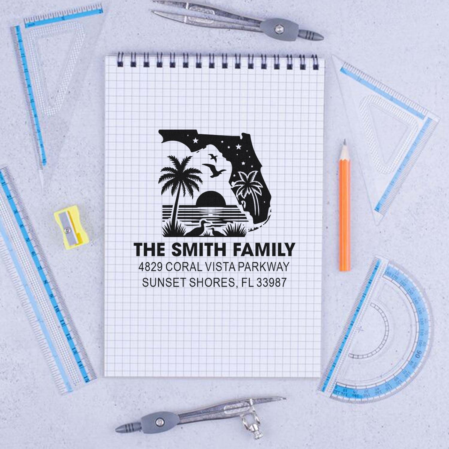 Custom address rubber stamp with Florida beach design and The Smith Family return address for personalized mailing.