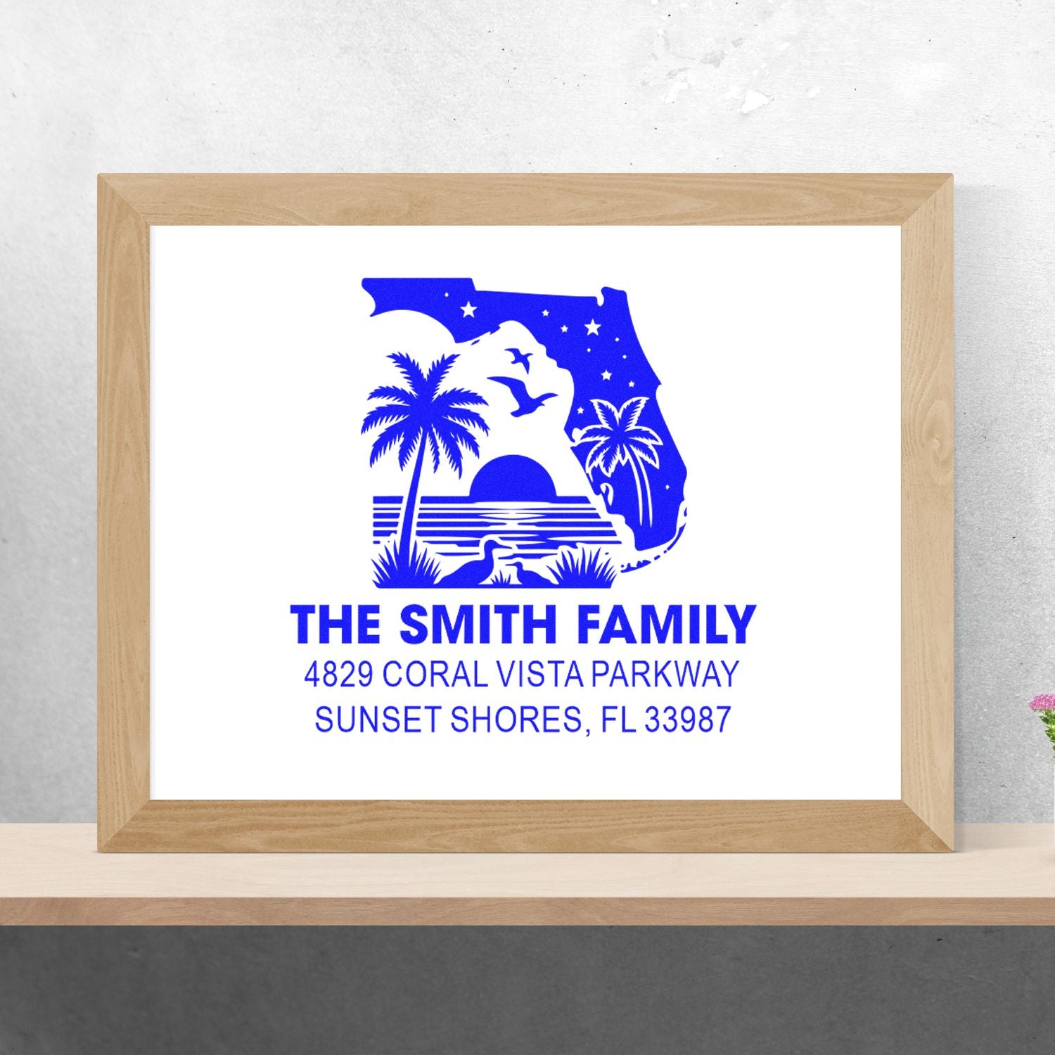 Custom return address rubber stamp design for The Smith Family with Florida tropical sunset and Sunset Shores, FL address.