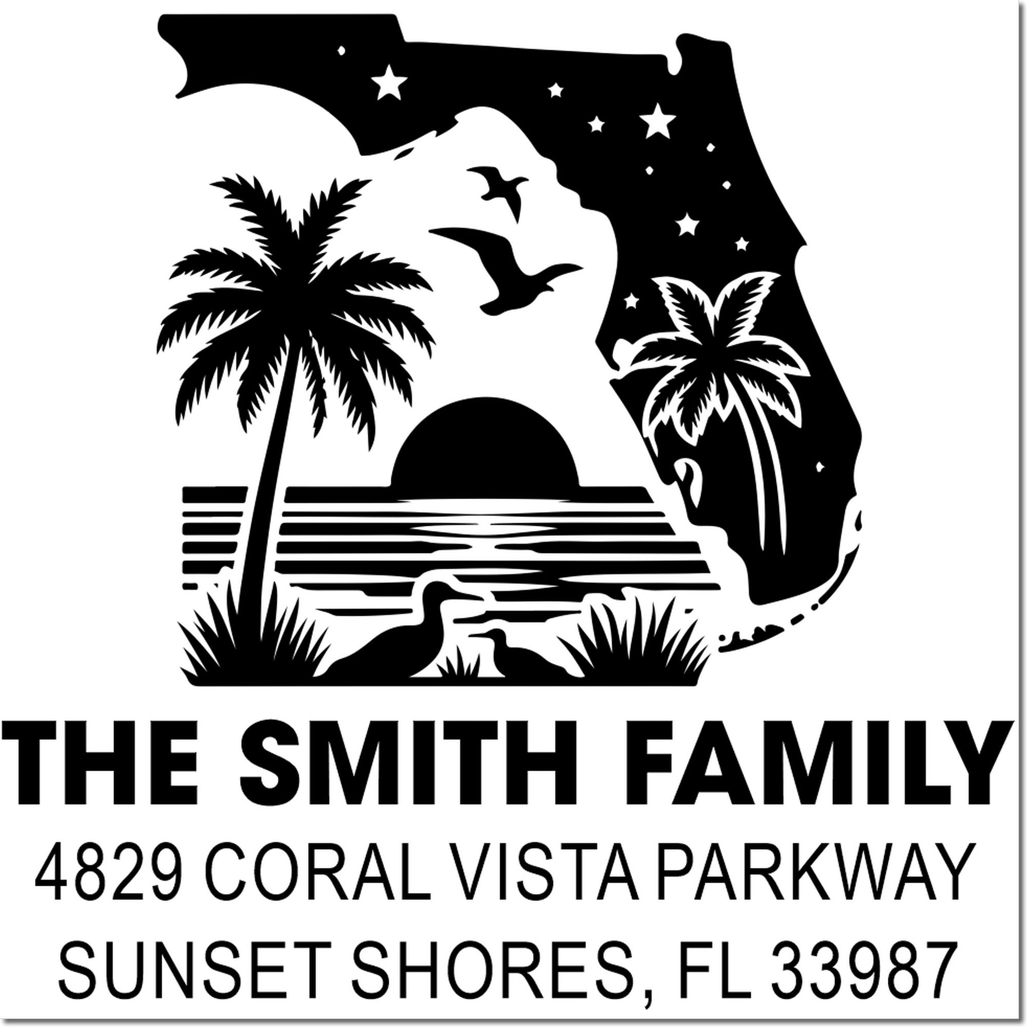 Custom Florida sunset family address rubber stamp with palm trees, birds, and The Smith Family at 4829 Coral Vista Parkway, FL 33987