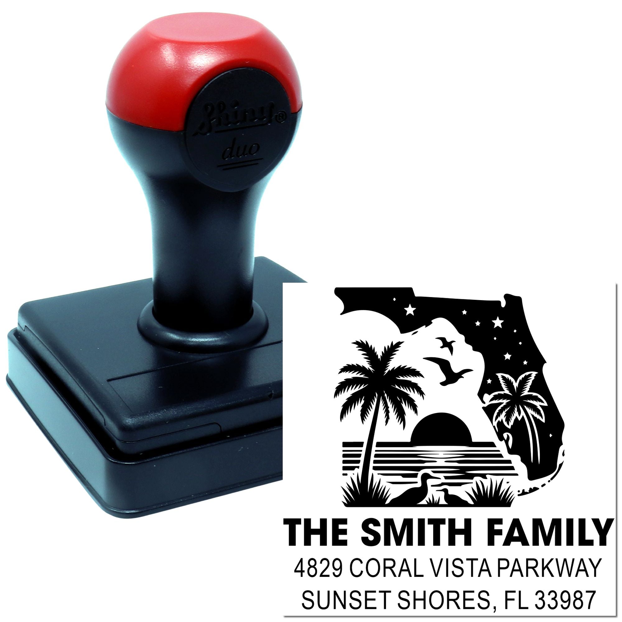 Custom self-inking rubber stamp for Florida family address labels with beach silhouette design and return mailing imprint.