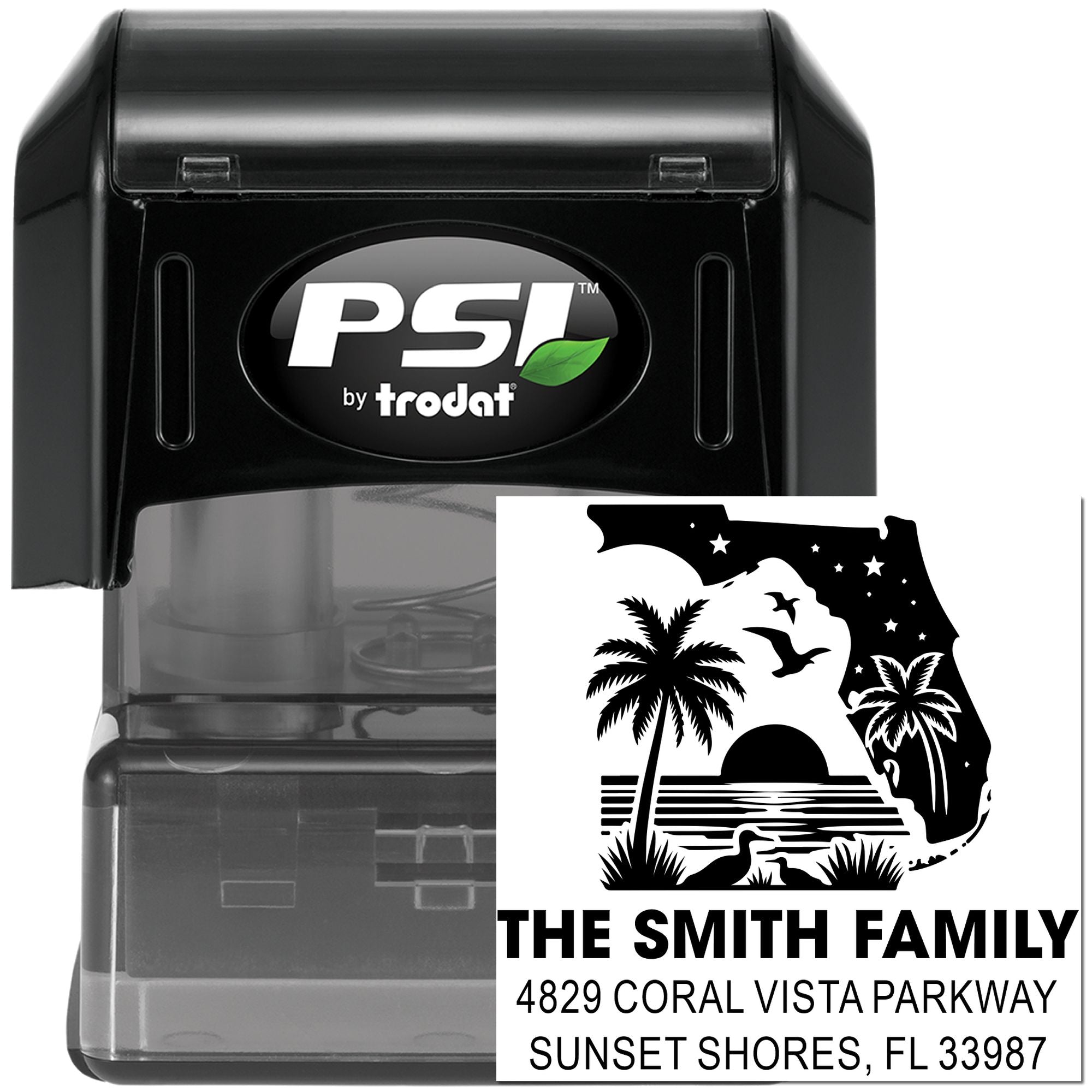 Custom self-inking rubber address stamp with Florida beach design, palm trees and family name for personalized mailings.