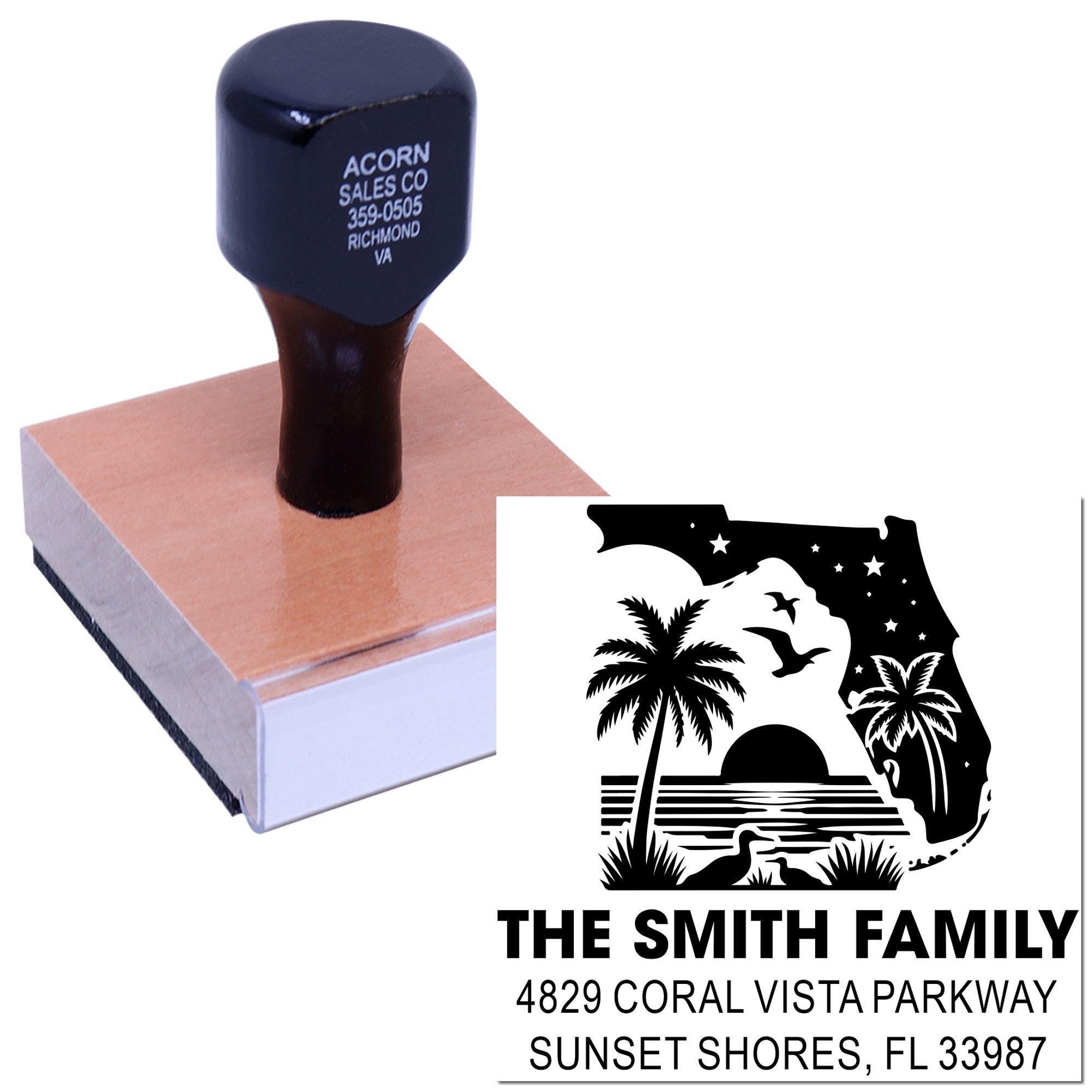 Custom family return address rubber stamp with Florida palm tree design for personalized mailing and stationery