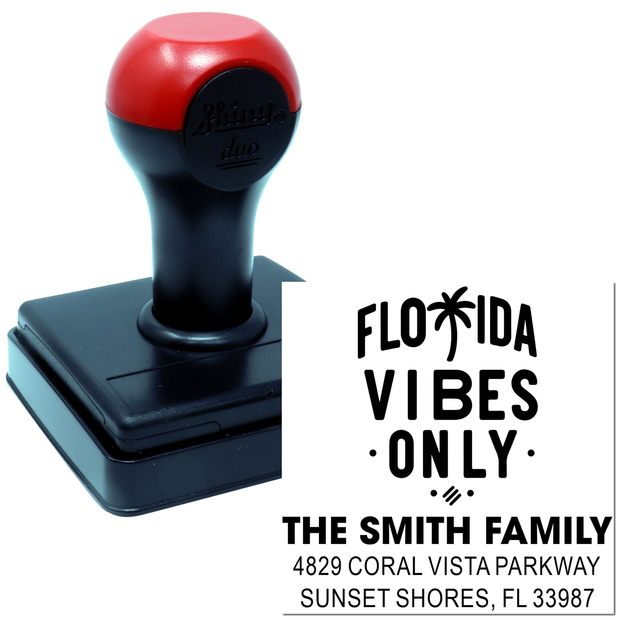 Personalized rubber address stamp featuring Florida Vibes Only and The Smith Family, Sunset Shores, FL.