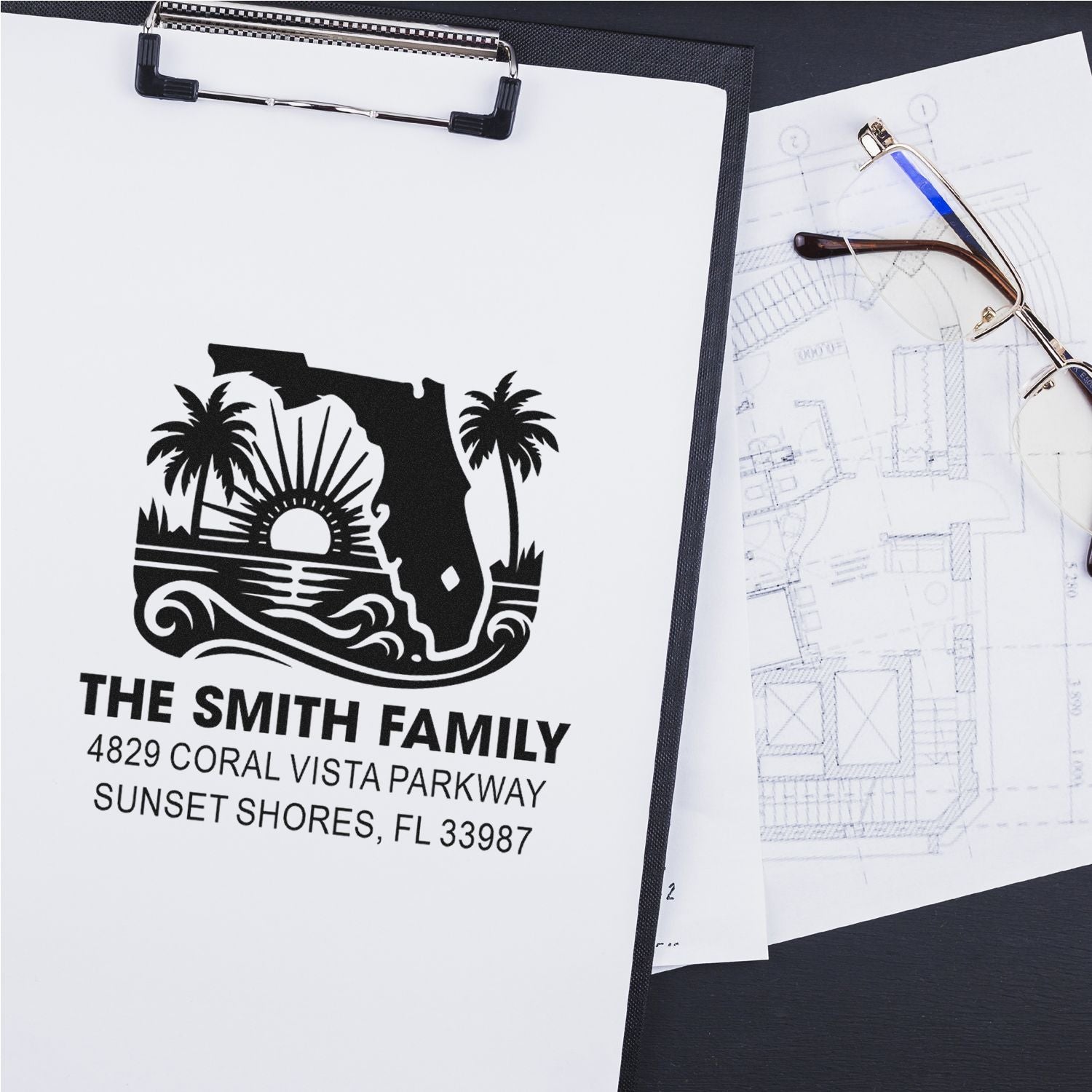 Personalized rubber stamp impression for The Smith Family, featuring a Florida return address on clipboard paper.