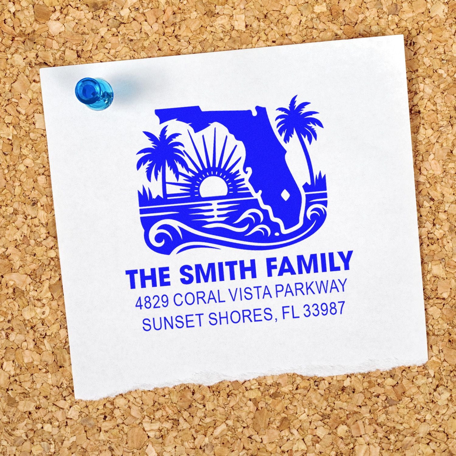 Personalized return address rubber stamp with Florida beach design, palm trees and sunset on corkboard.