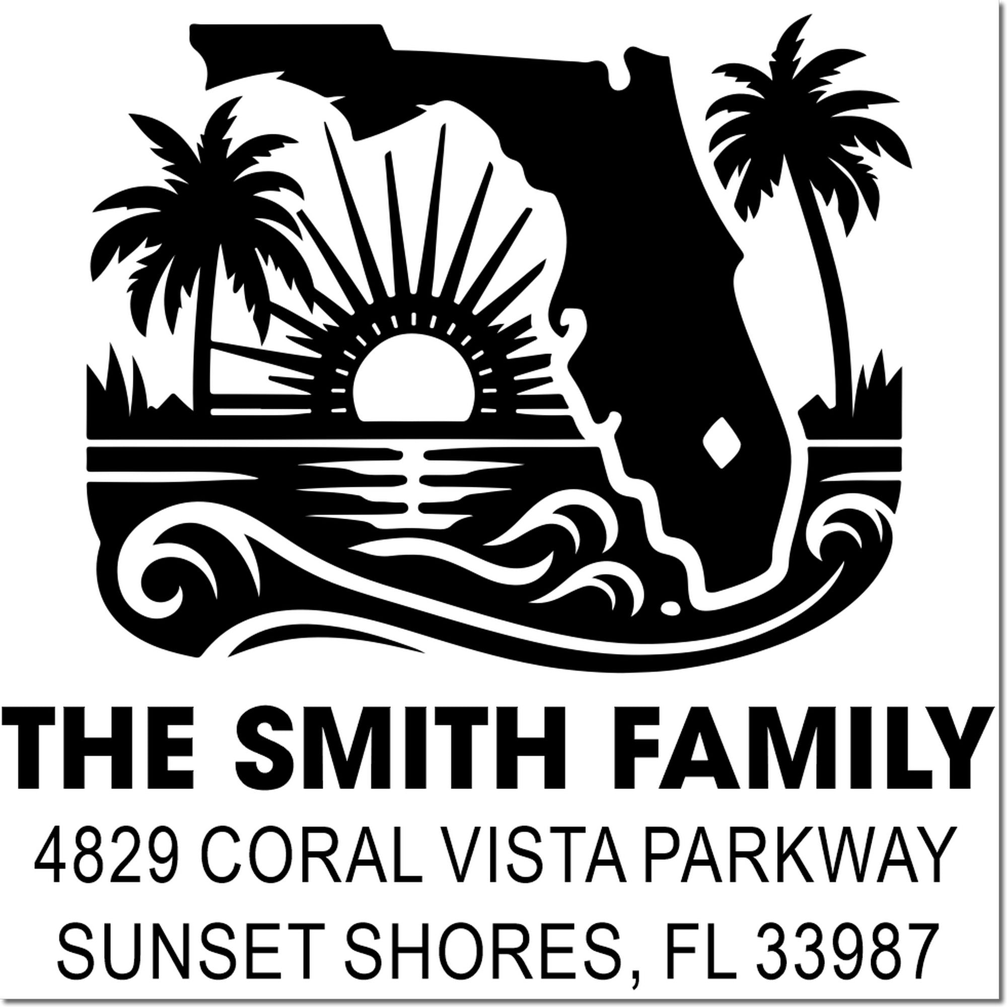 Custom return address rubber stamp for The Smith Family, 4829 Coral Vista Parkway, Sunset Shores, FL 33987, with Florida beach design.