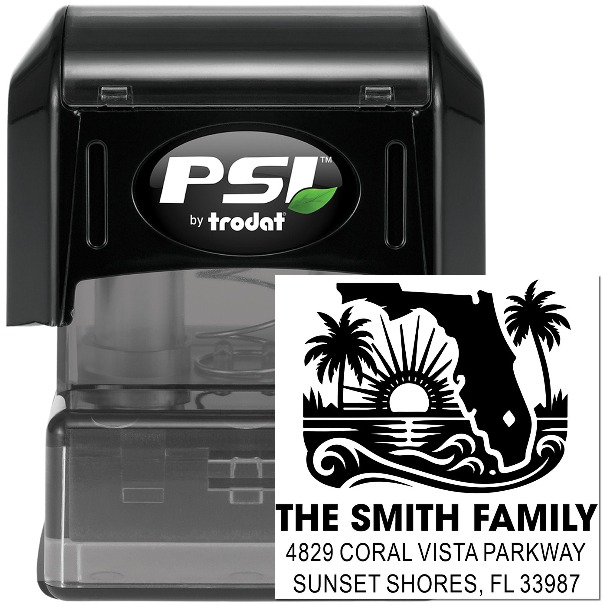 PSI by Trodat self-inking custom address rubber stamp with Florida beach family design for mailing labels