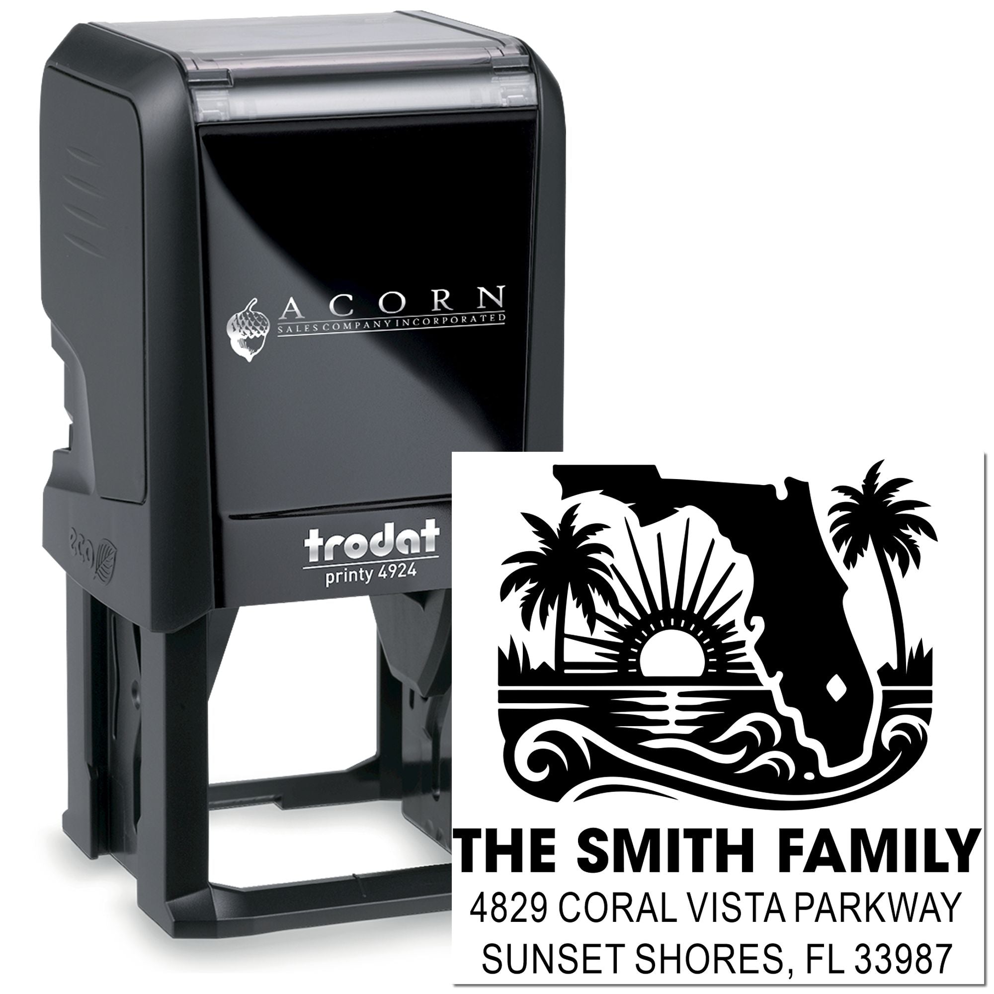 Custom self-inking address stamp, Trodat Printy 4924, with Florida beach-themed family return address design.