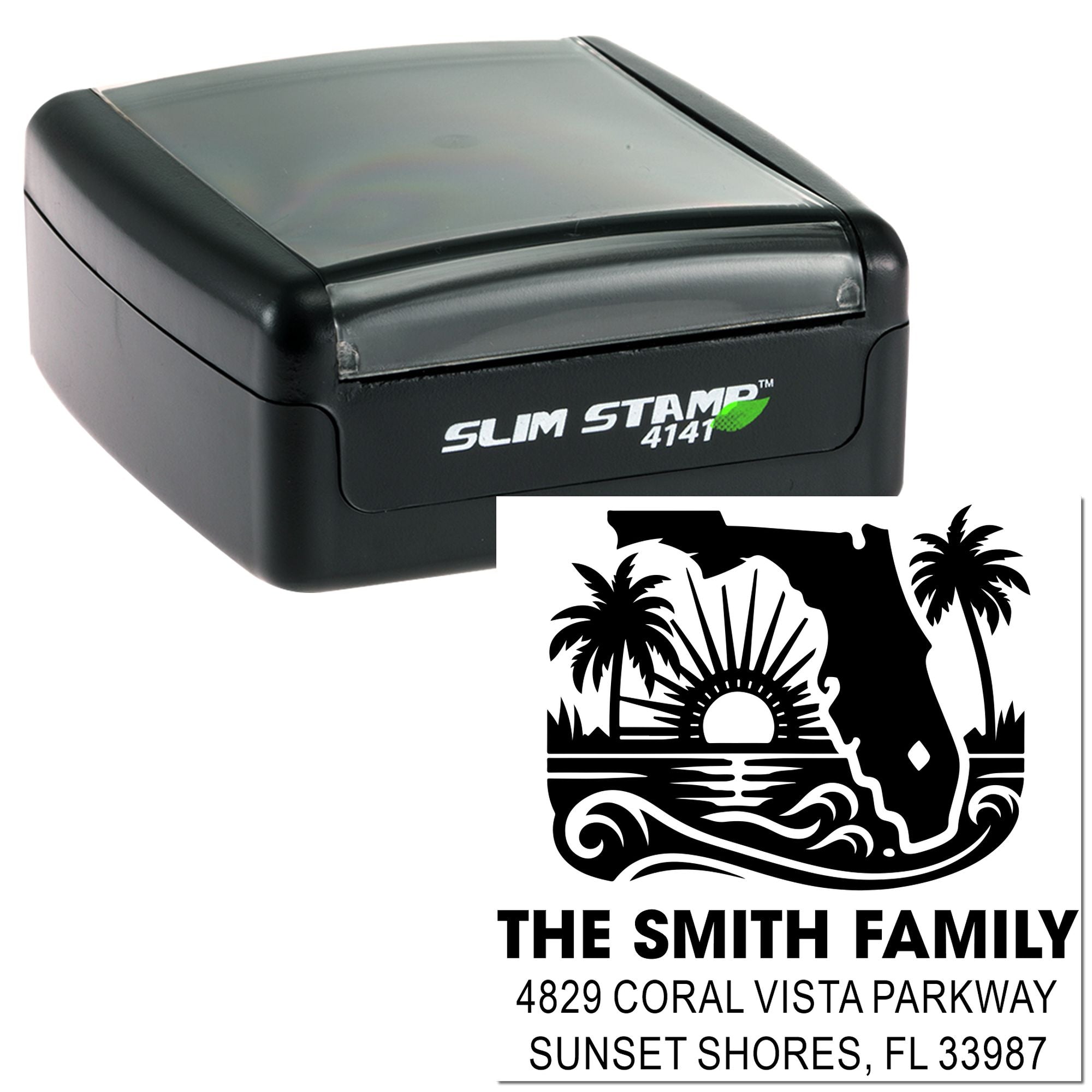 Custom self-inking rubber address stamp for Florida, featuring family name and return mailing address on a Slim Stamp 4141.