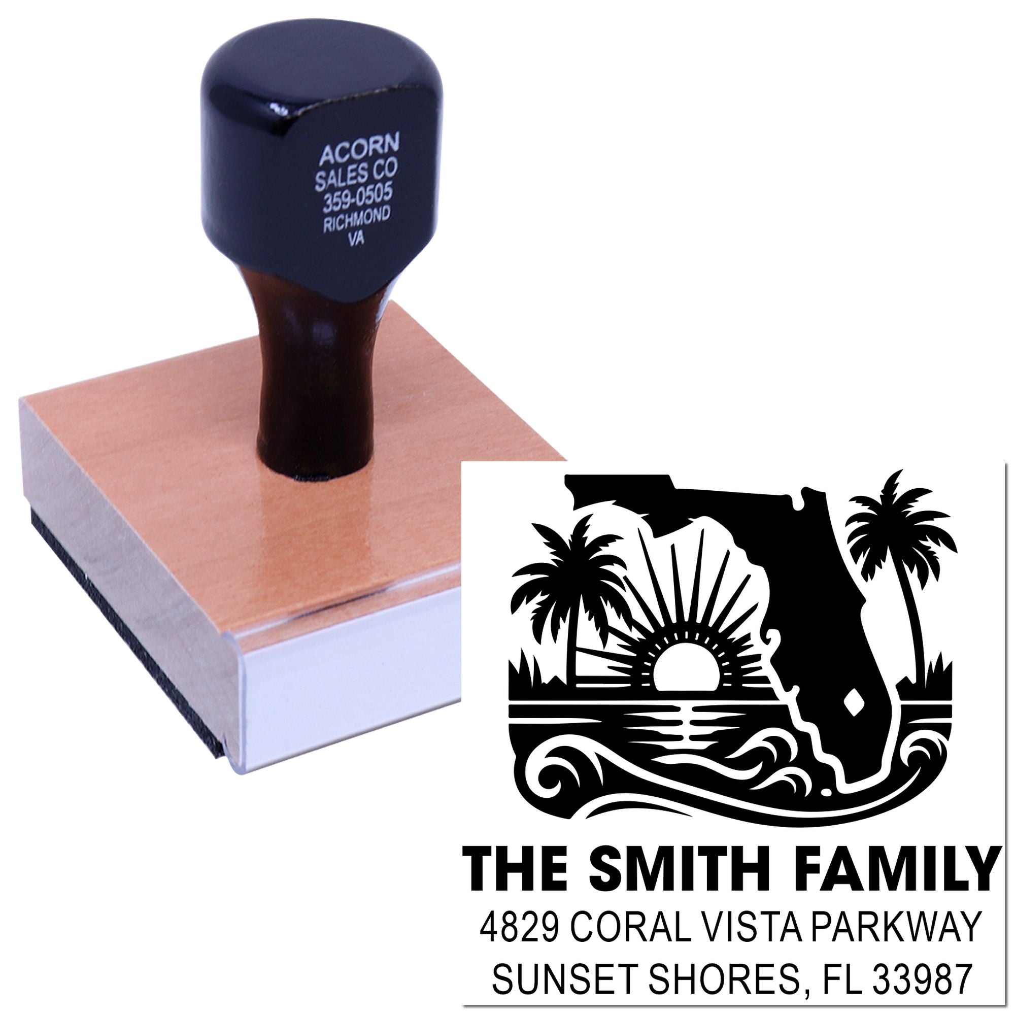Custom Florida return address rubber stamp with family name, palm tree design, and personalized mailing address imprint.