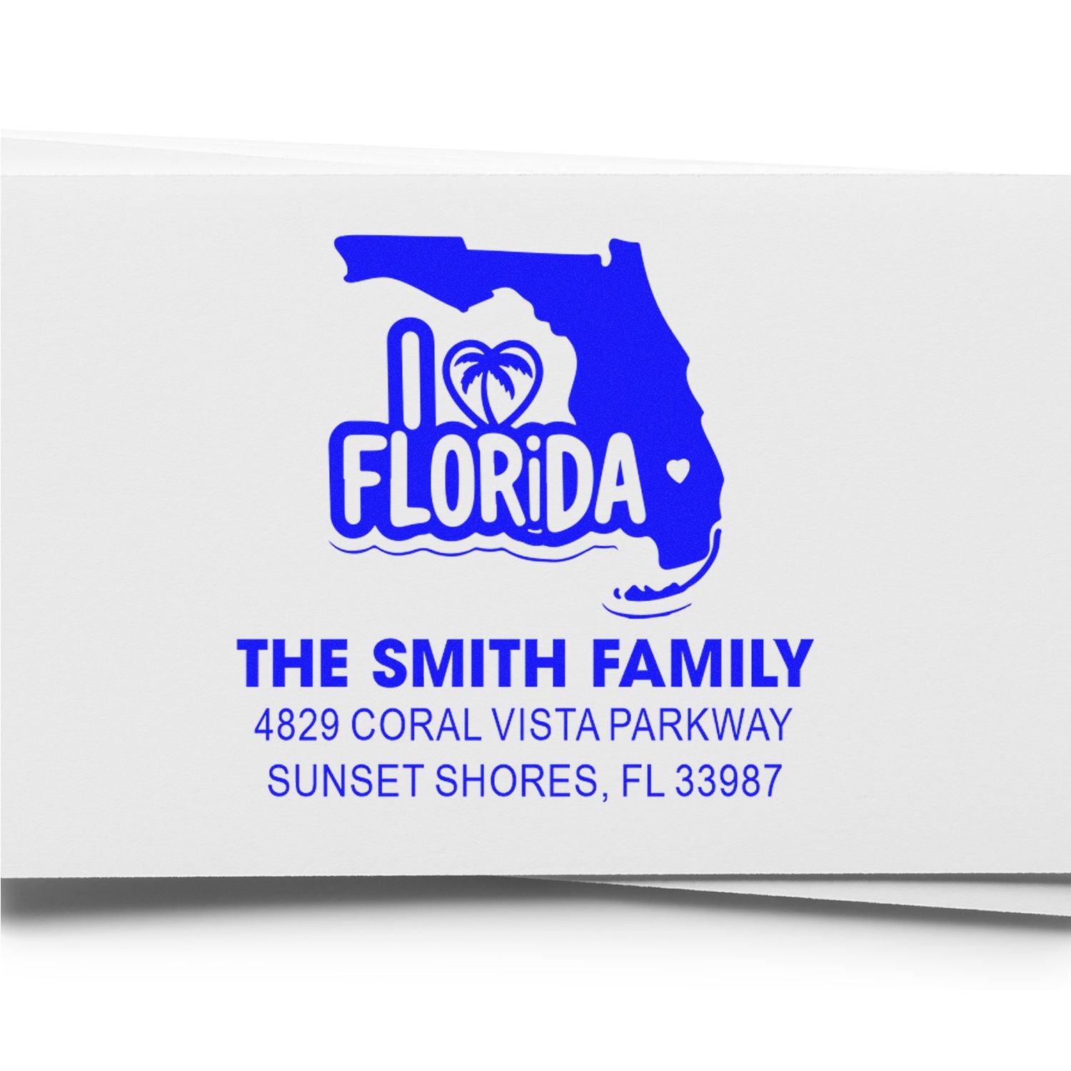 Custom Florida return address rubber stamp for The Smith Family, featuring state outline, palm tree heart, and address details.