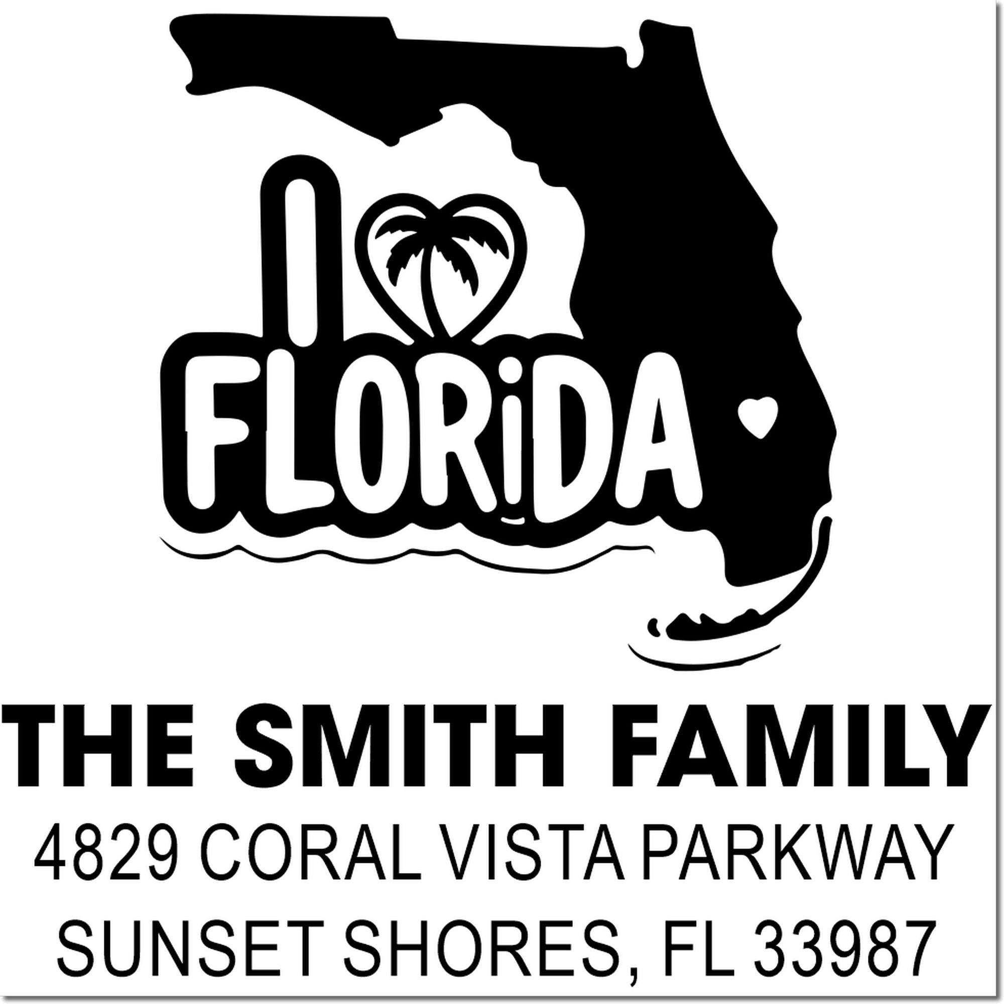 Custom Florida home address rubber stamp with palm tree heart, ideal for personalized family mailings.